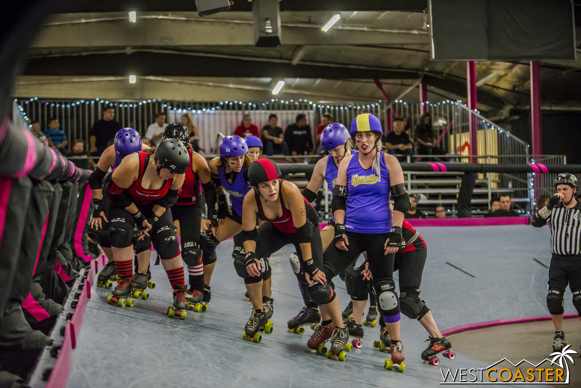 As soon as one jam ends, the next group of blockers immediately rushes out toward the railing to jostle for prime position.