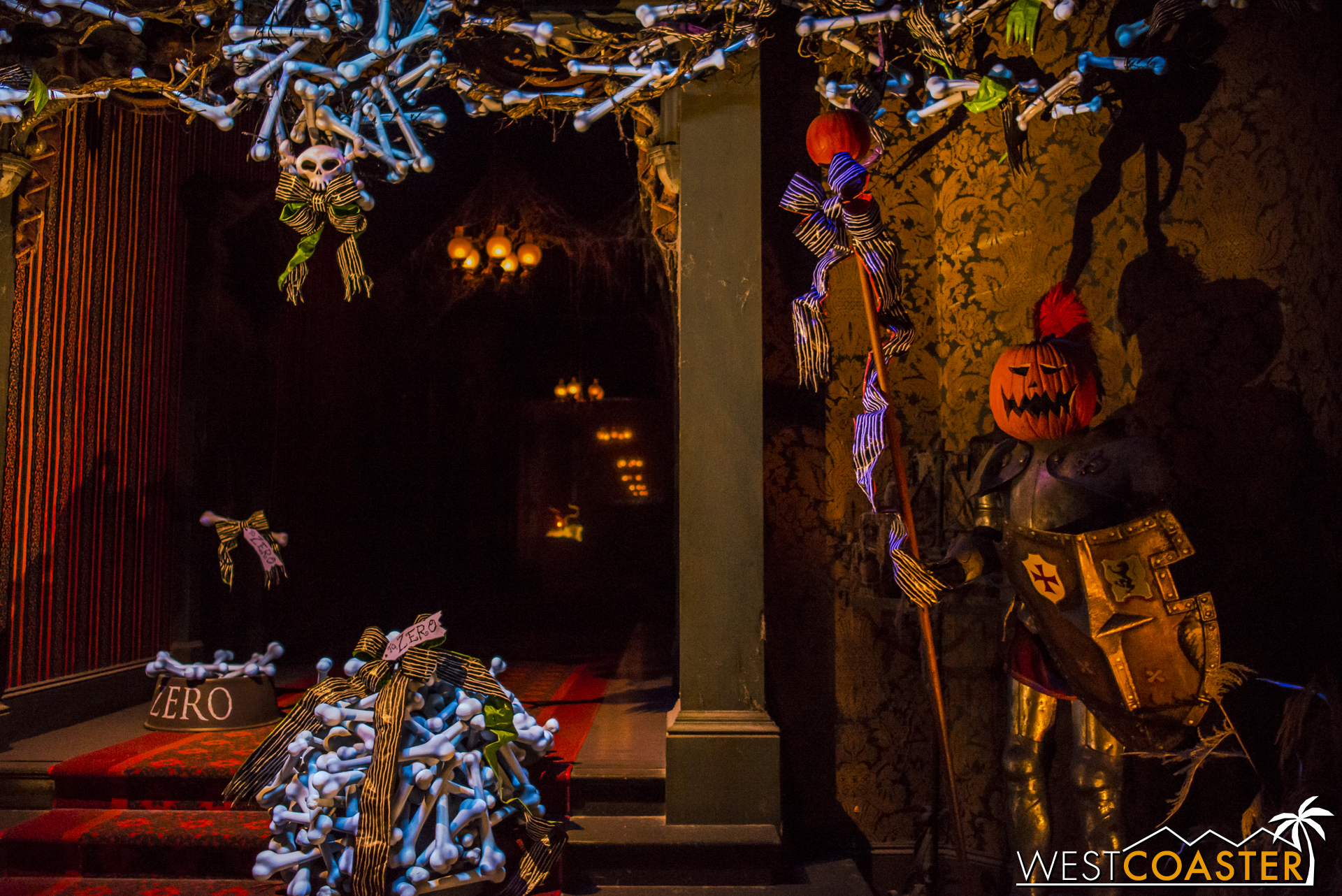 Zero, the ghost dog reindeer, lurks at the end of the Endless Hallway in Haunted Mansion Holiday.