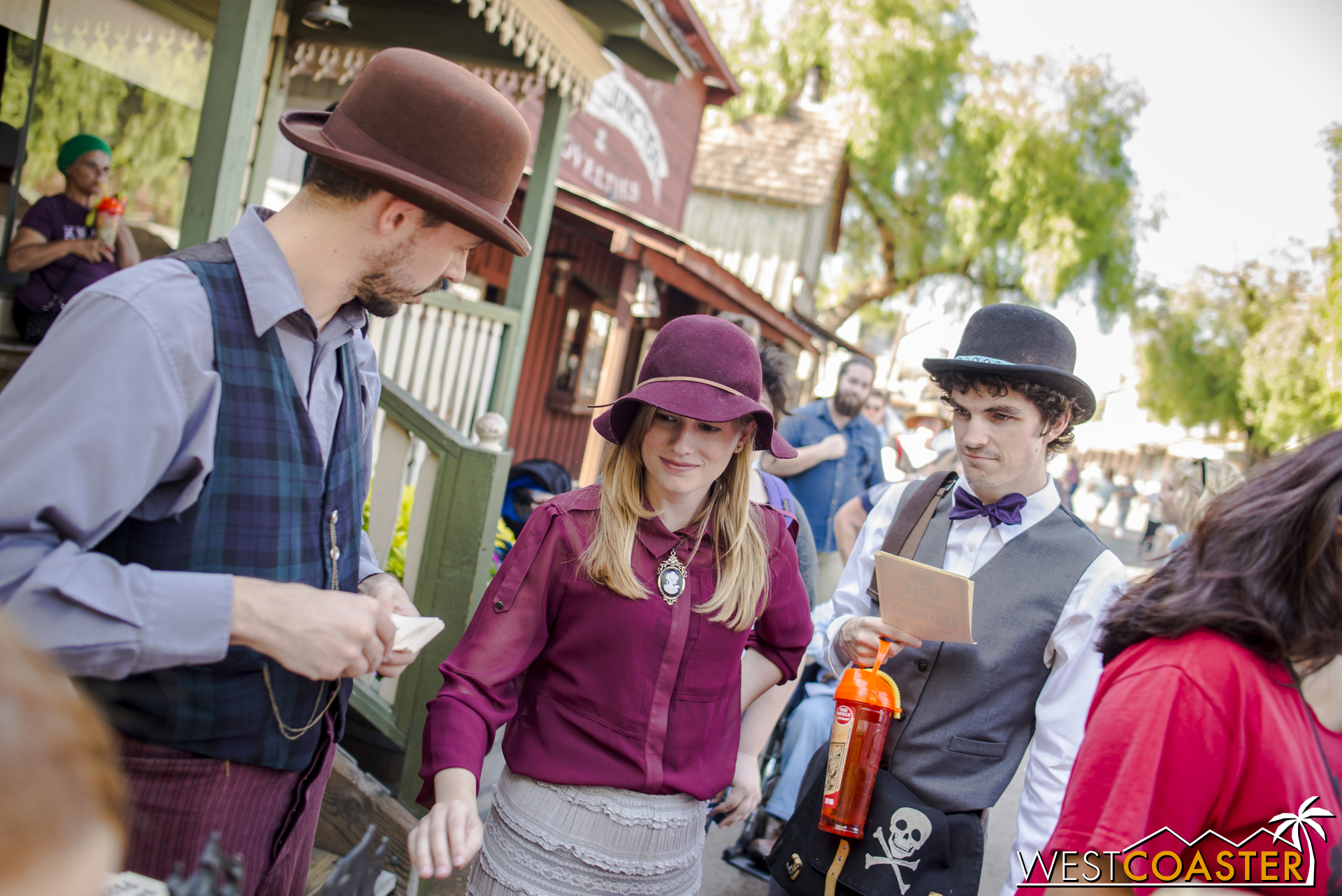  Town clerk Kenny Storm looks on as more guests cast their vote.&nbsp; Ghost Town Alive! has been such a hit that many season passholders return to take part in the story repeatedly, and some even dress up to enhance the role playing. 