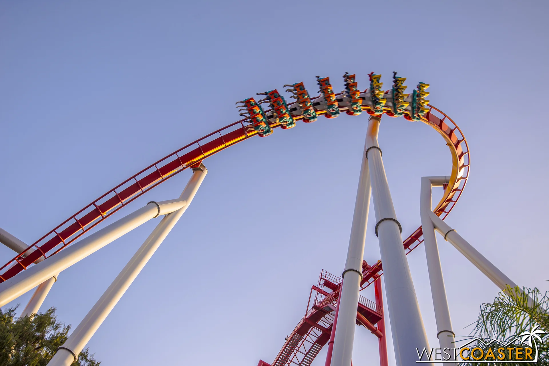 From Fiesta Village side, Silver Bullet banks down its first drop.