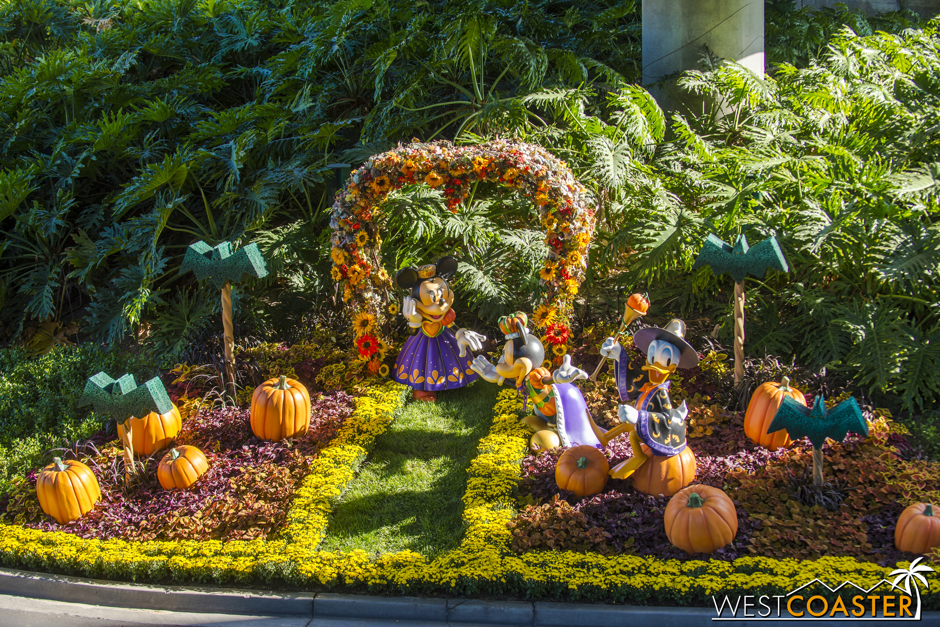 A Halloween display along the Mickey and Friends parking tram route.
