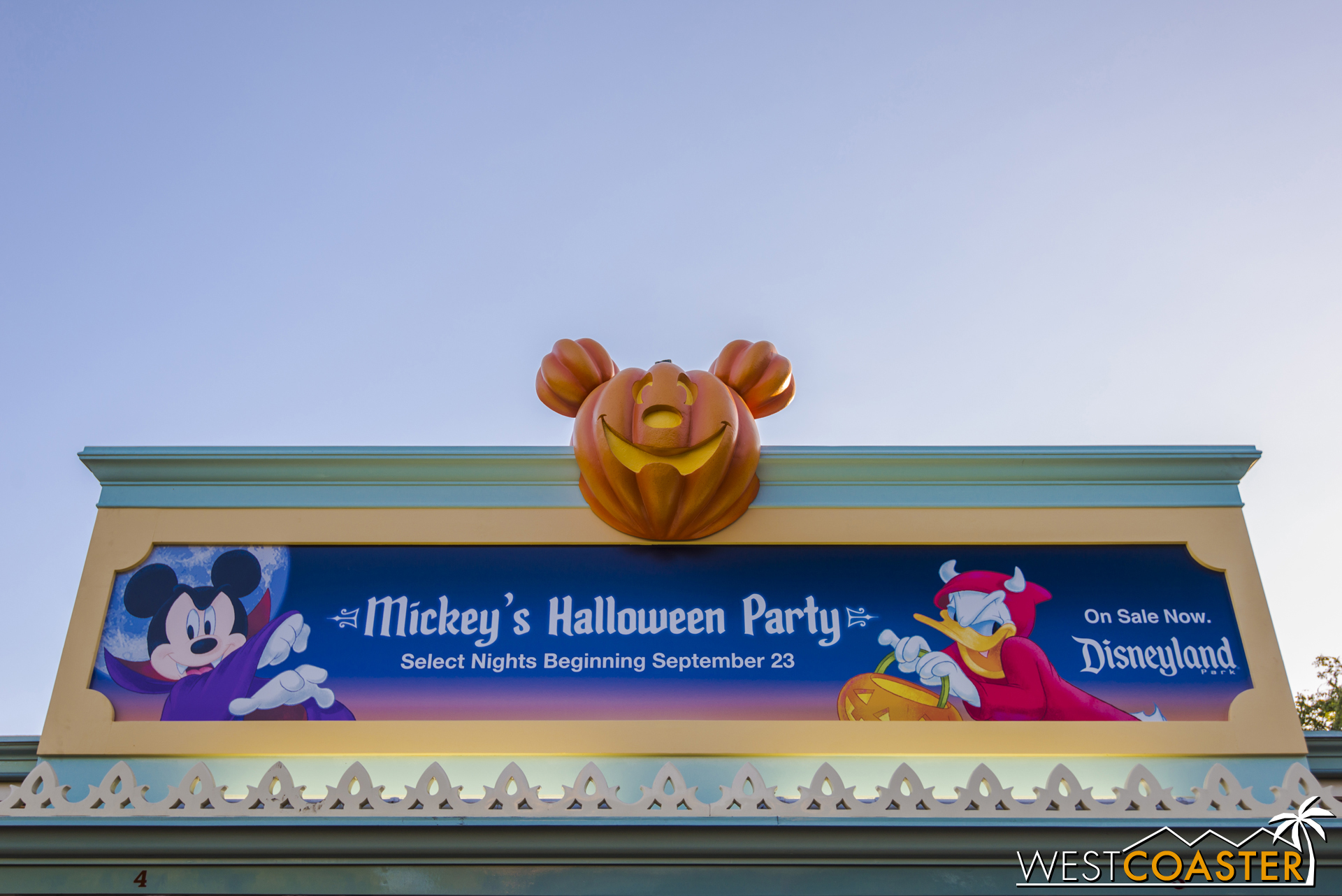  On the other side of the gates, advertisements of Mickey's Halloween Party are up.&nbsp; They are typically Mondays, Wednesdays, and Fridays this year. 