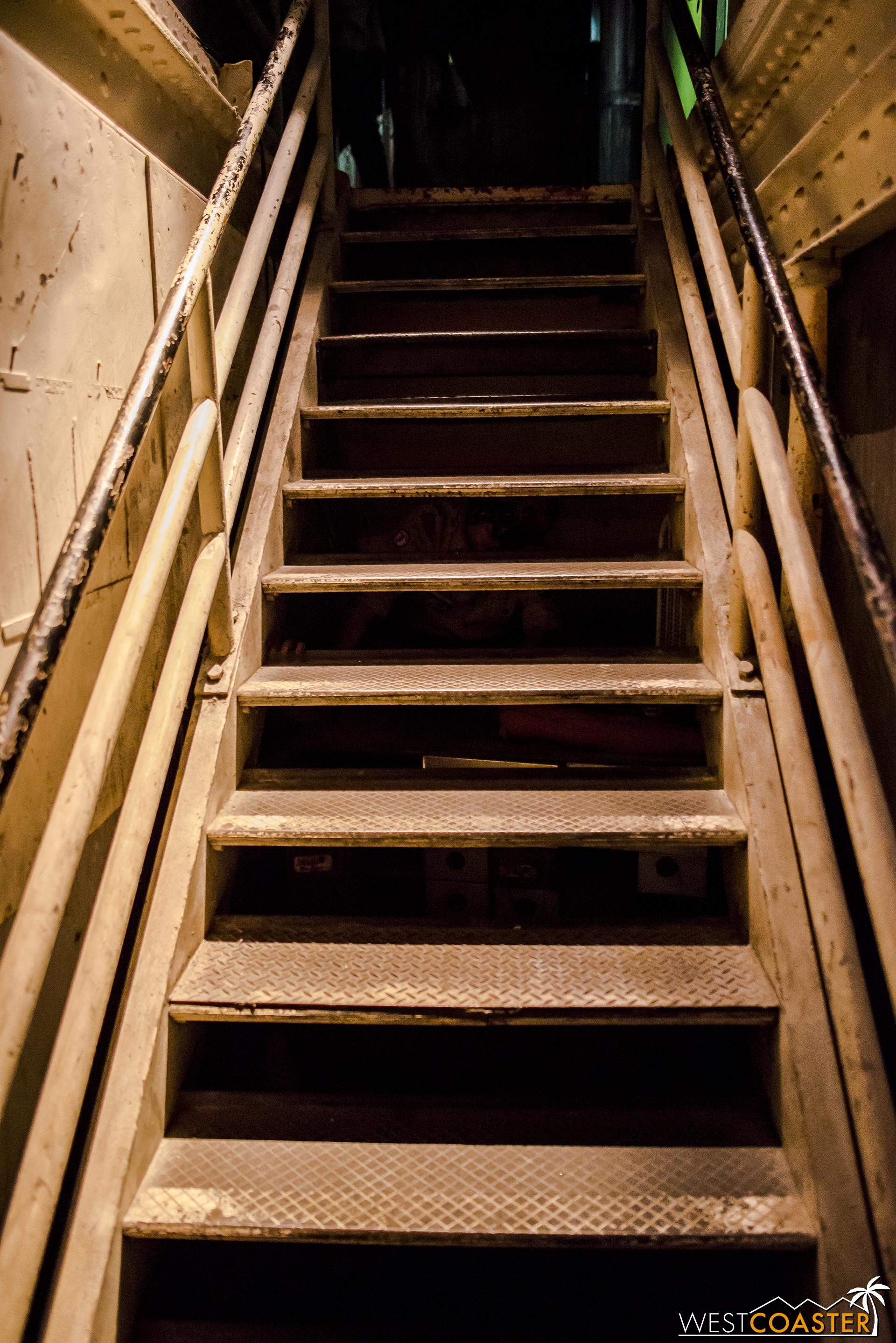  Up the spooky stairs, one of many in the ship mazes, which are not ADA friendly. 