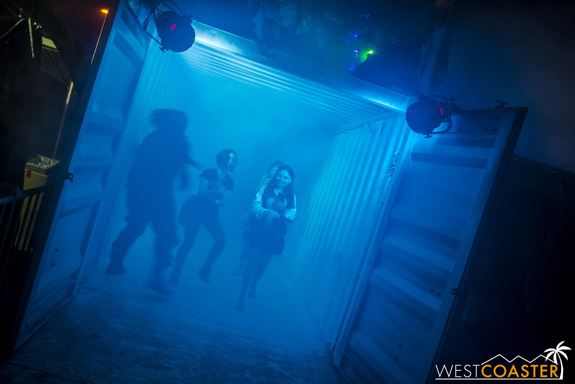  Guests stroll through this fogged out shipping container, blinded by the strobe in their direction. 