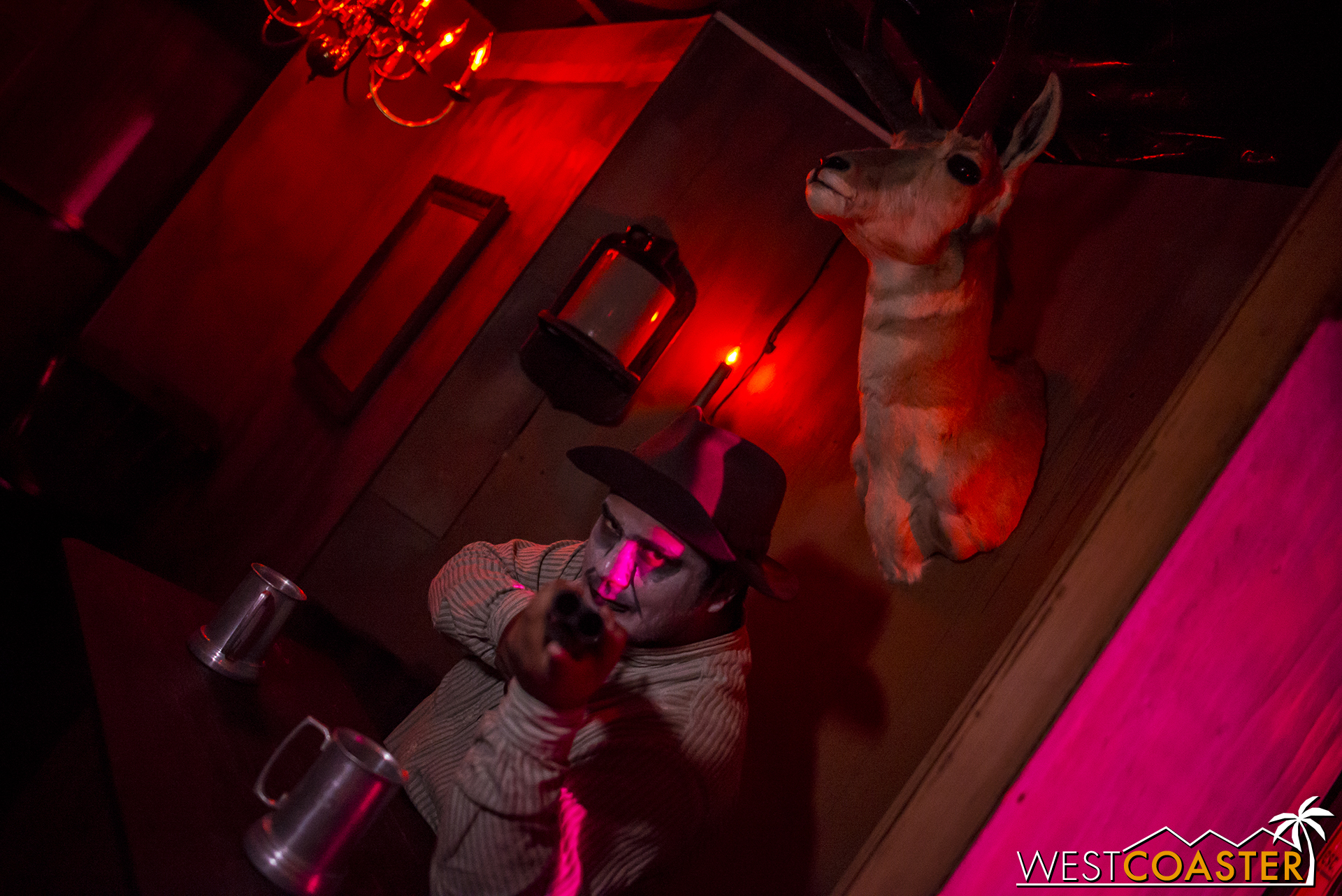  In the Saloon, the bartender stands guard. 