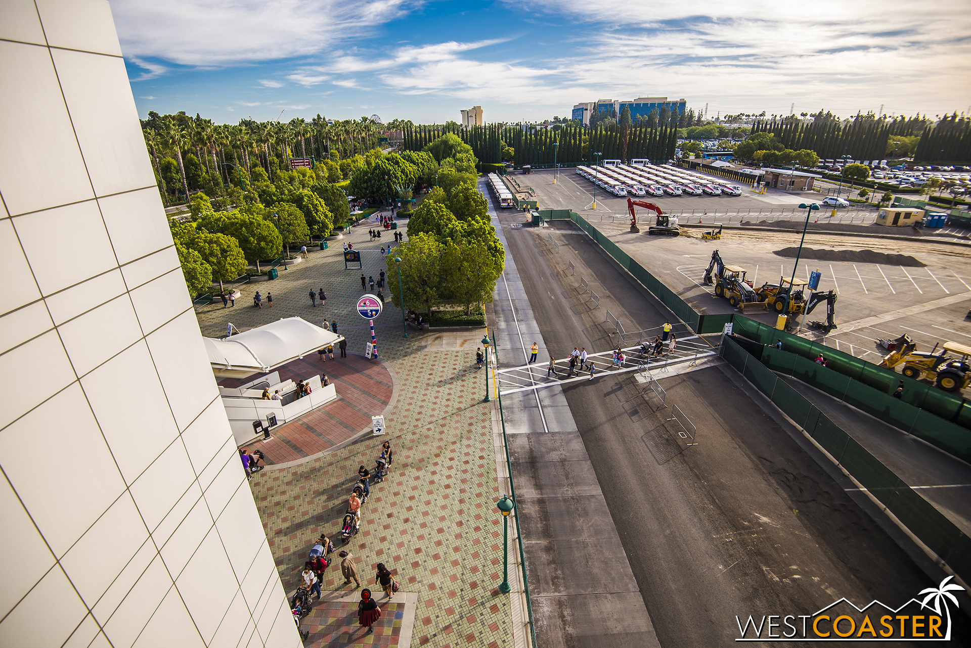  A view to the side of the Mickey and Friends Parking Structure into the Pinocchio parking lot shows new work happening. 