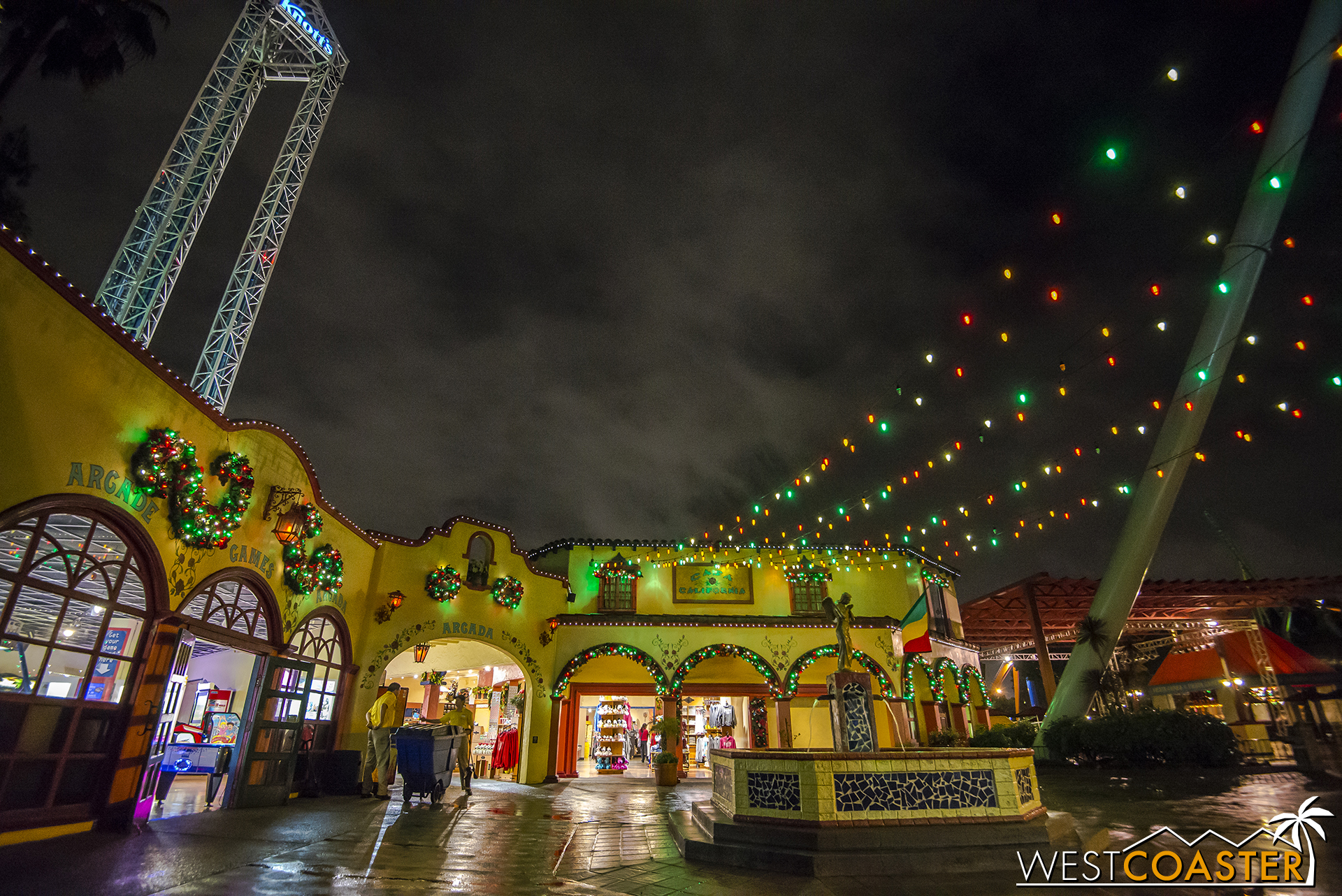 Fiesta Village doesn't go for anything ornate during Christmas, but the holiday decoration complement the colorful string lights already strung overhead. 