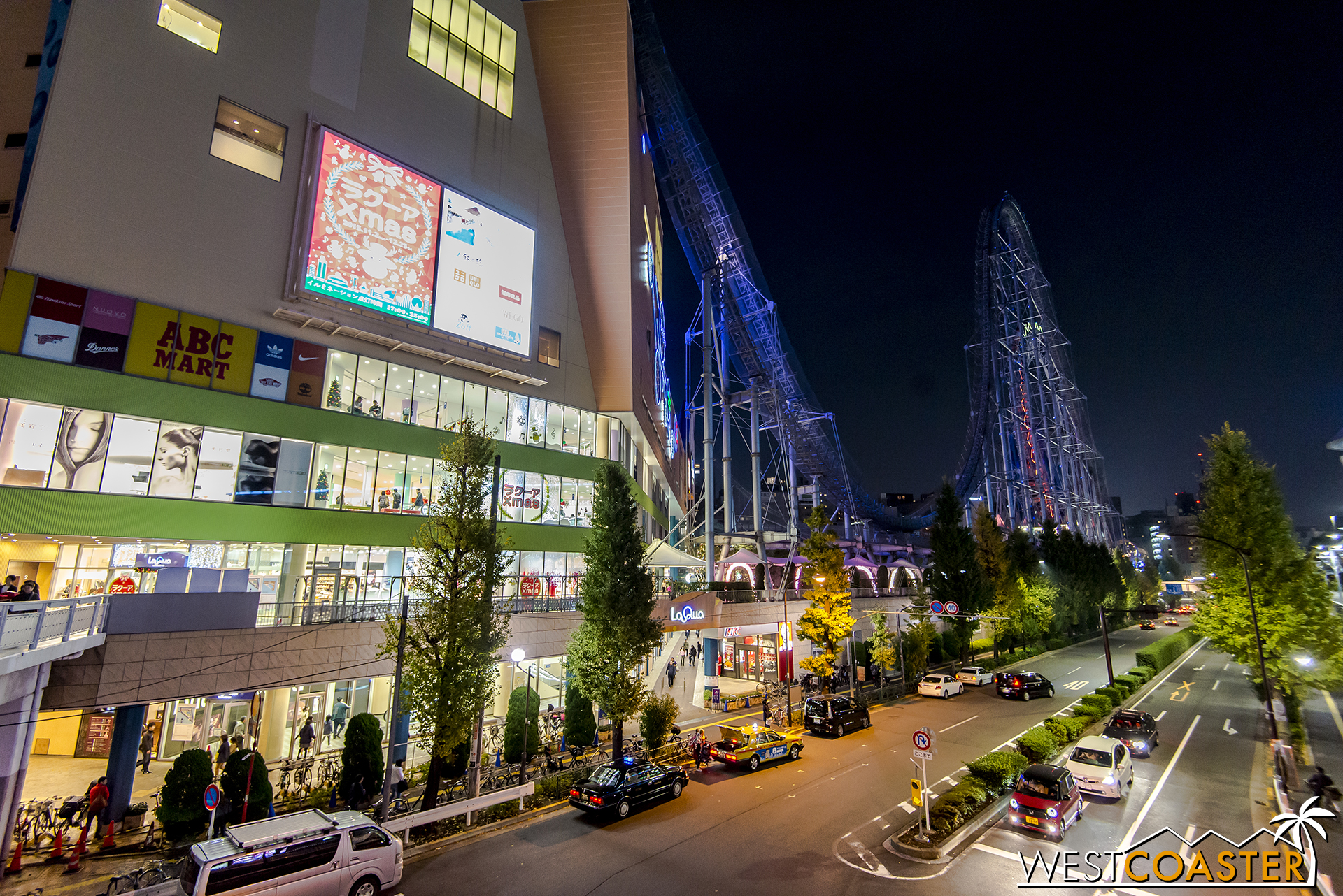 Looking at the La Qua shopping, dining, and amusement park complex from a bridge crossing the adjacent street.