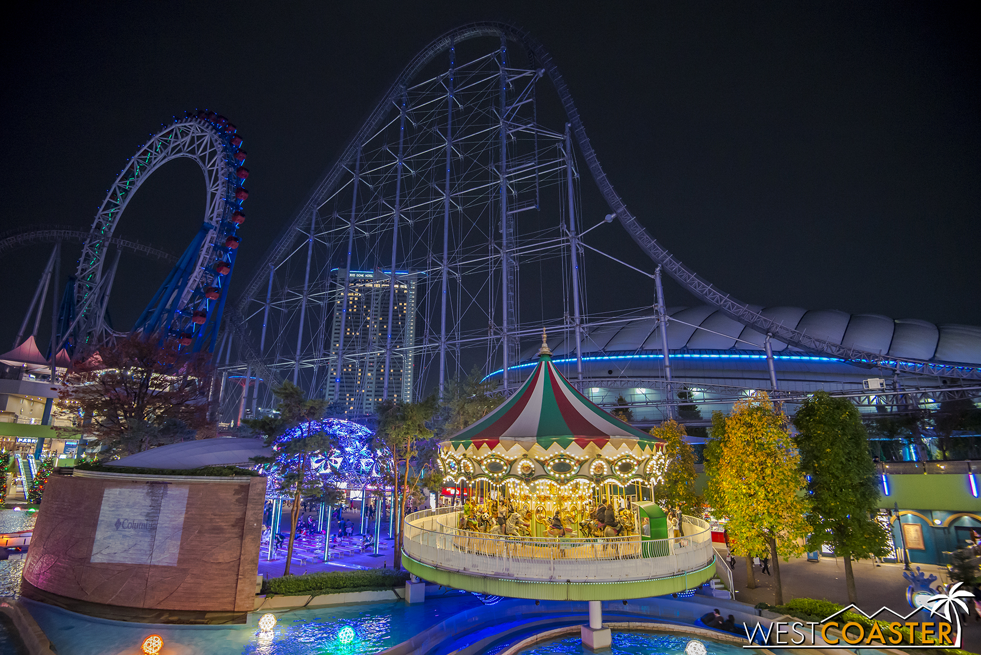 Thunder Dolphin and Big O ferris wheel in the background, Venus Lagoon merry-go-round in the foreground.