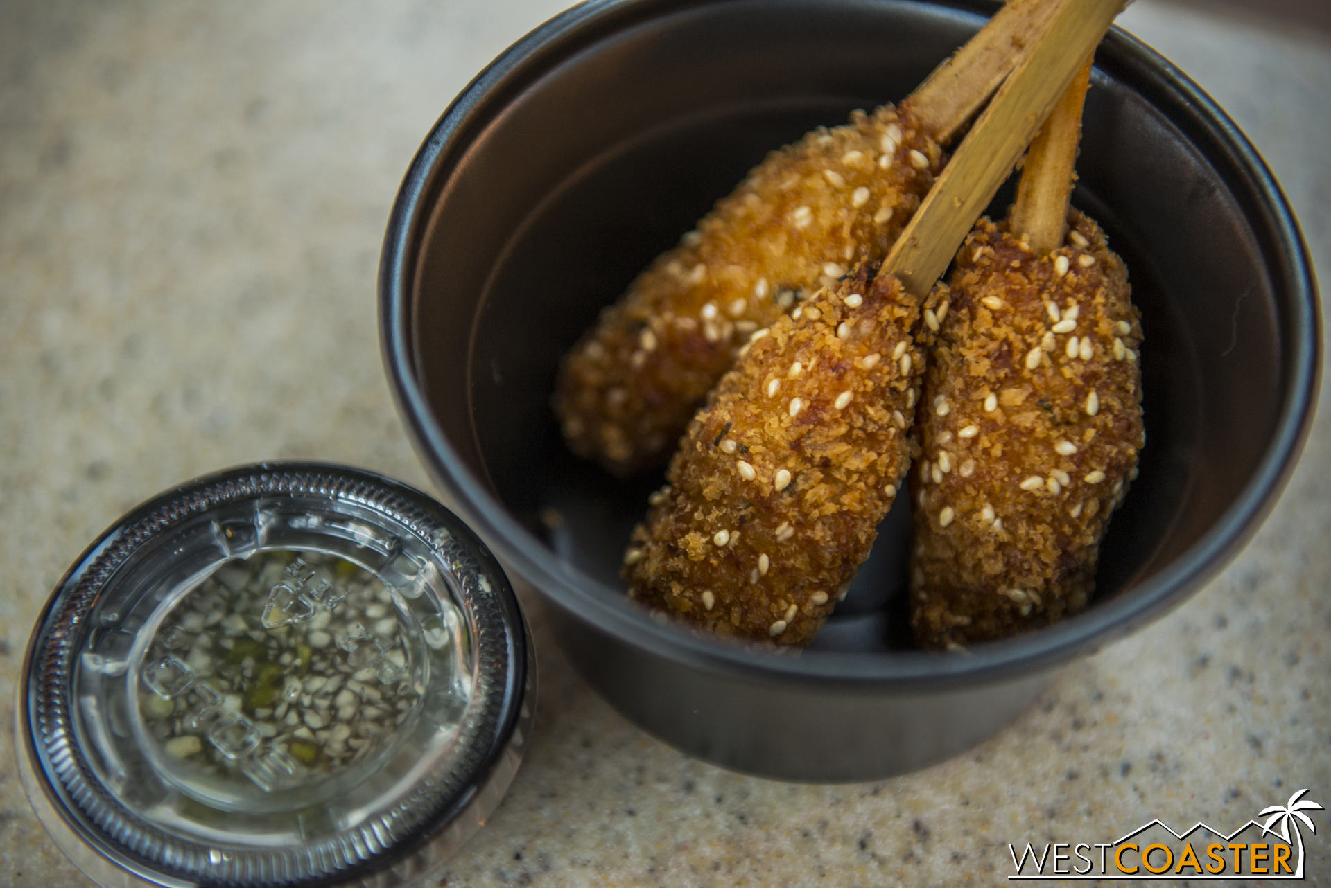  The Sugar Cane Shrimp Skewer was tasty with the garlic vinaigrette dipping sauce. 