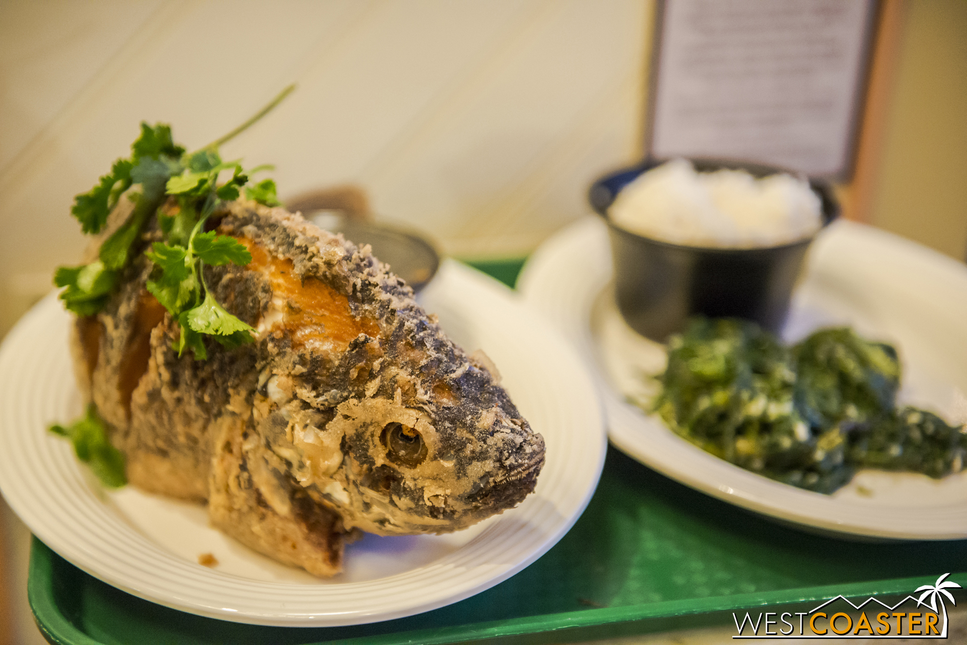  The Fried Tilapia is done in a traditional Vietnamese style.&nbsp; This was the one dish no one in my group ordered, but it certainly looked delicious and fairly popular!&nbsp; It came with soup, white rice, and Chinese water spinach (ong choy or to