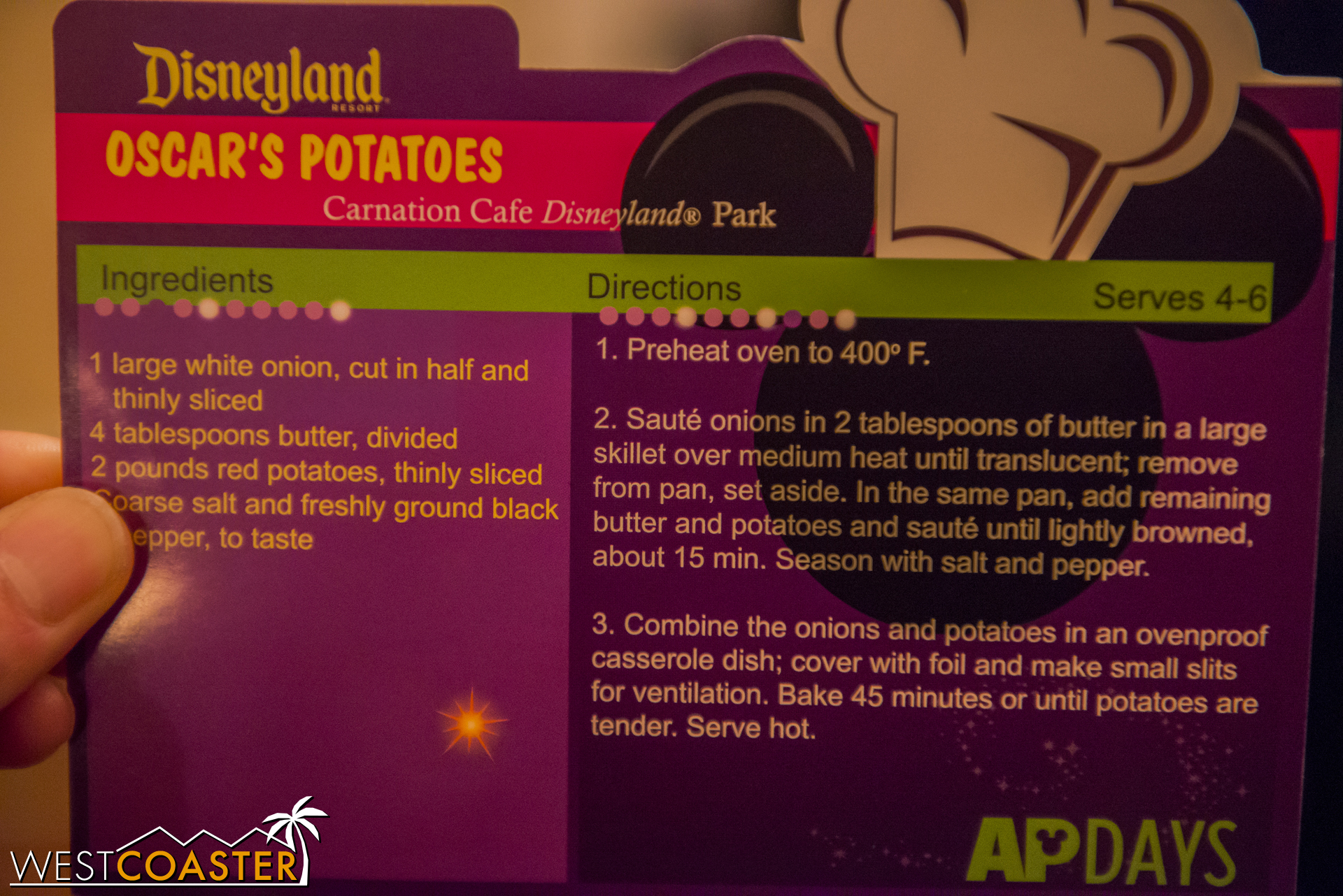 Here's this week's recipe card, which can be obtained from Redd Rocket's Pizza Port, Jolly Holiday Bakery, Refreshment Corner, or Gibson Girl Ice Cream Parlor (just go to a cashier and show him or her your AP for scanning).
