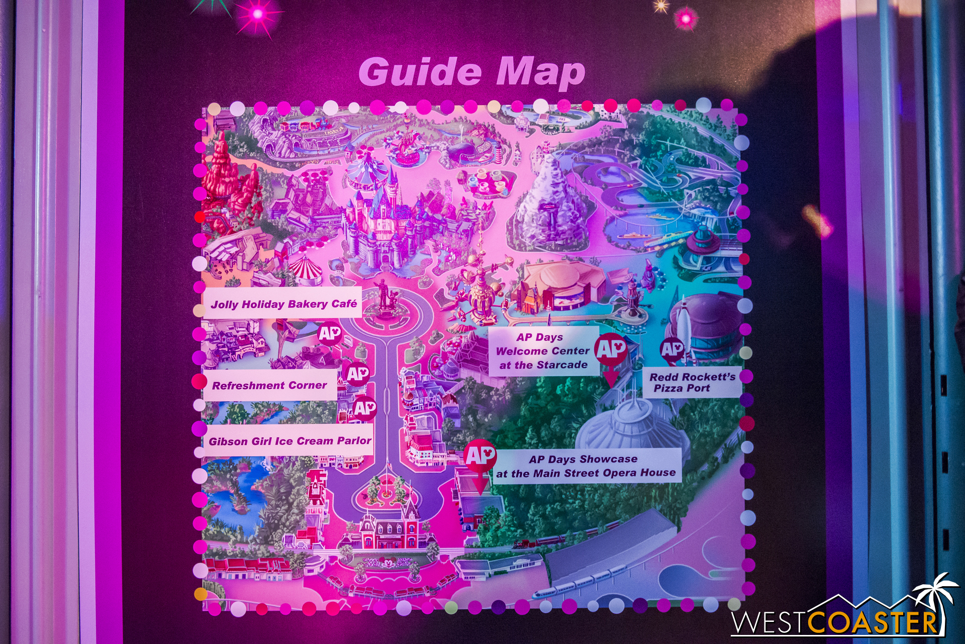 Inside the AP Days Welcome Center at Starcade, there's a map showing locations of AP Day events. In addition to what was described above, there is also a showing of an 1986 documentary on the Main Street Electrical Parade at the Main Street Opera House. Showtimes are 5:00, 6:30, and 8:00pm daily.