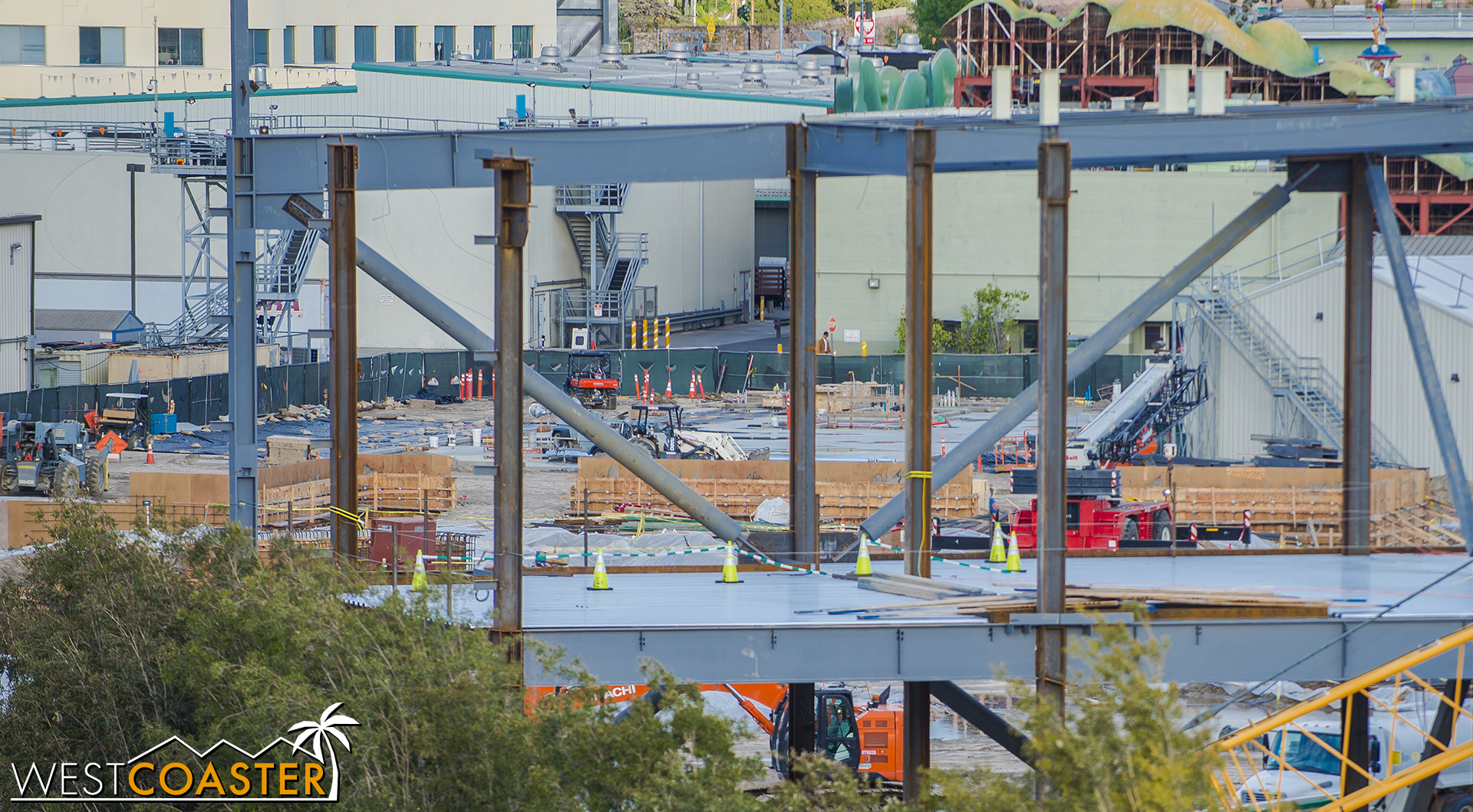 Glimpsing through the first E-Ticket building gives a little view of the area over by Mickey's Toontown, where the second E-Ticket is slated to be built. Formwork for concrete and foundation prepping continues.