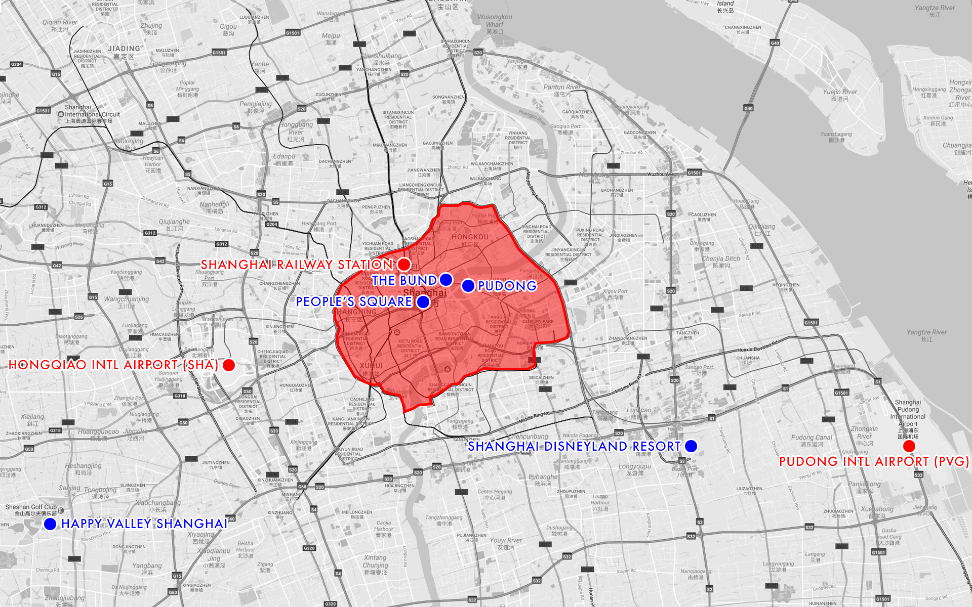 A comparison of Shanghai's two major international airports and main train station (in red) in relation to each other, plus several inside- and outside-of-city popular destinations for comparison. The red outlined area is my subjective "tourist area of interest" part of Shanghai--i.e. the outline of areas most tourists would visit.