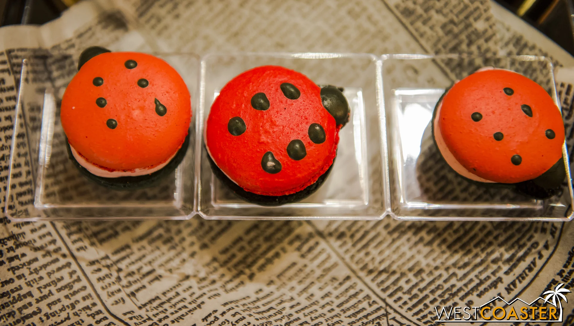 These ladybug macarons were pricey (3 for $9.99) but delicious--bites of sweet strawberry cream and more tart berry filling.