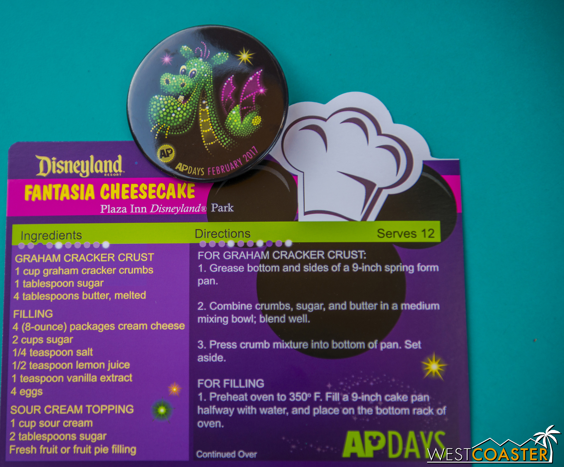  It's the last week of AP Days. &nbsp;This week's AP button features Elliott the dragon, and the recipe card provides instructions on making cheesecake! &nbsp;A pretty sweet deal, if you ask me. 