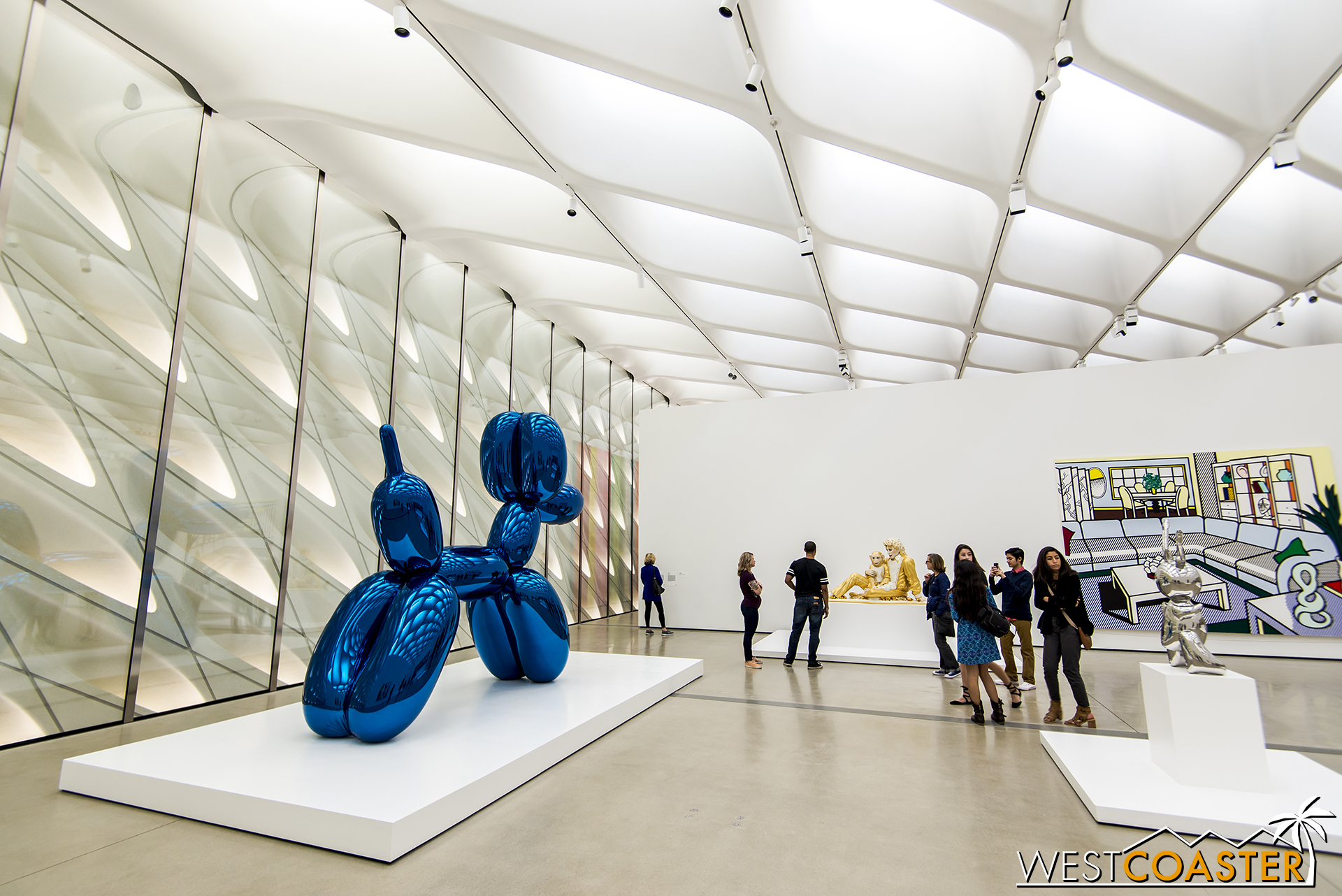 Jeff Koons' Balloon Dog (Blue) is featured here. Guests may recognize it from its time at the Los Angeles County Museum of Art.