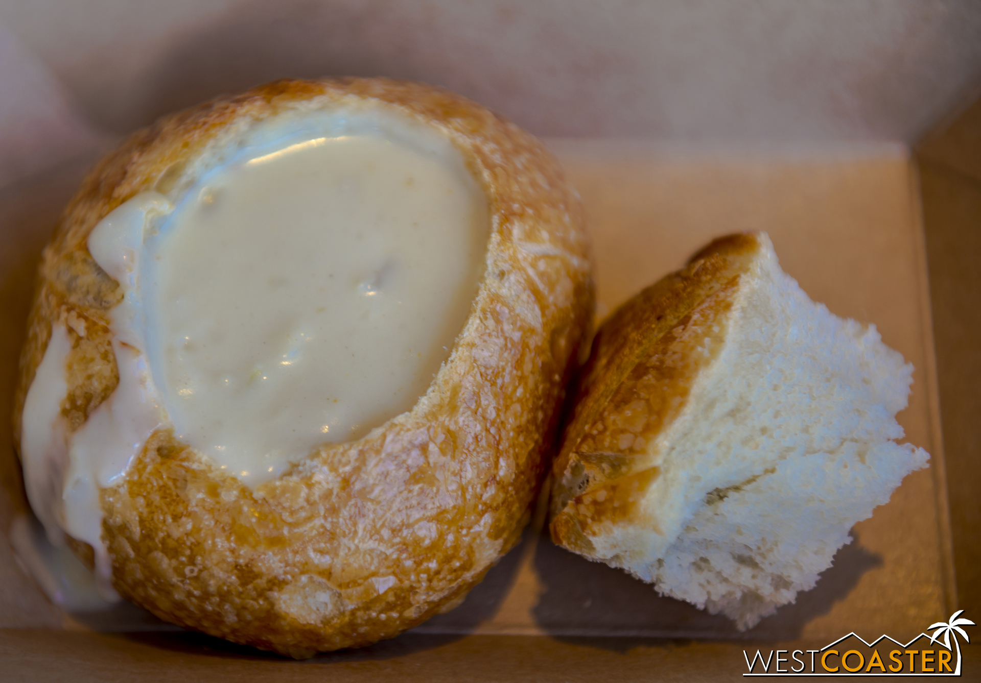  From Sweet and Sourdough:  White Cheddar Lager Soup  served in a Mini Boudin Sourdough™ Boule ($6.00)  I have to say that, disappointingly, this was not the legendary Choup.&nbsp; It didn't have the bacon or potato that comprises the full thing, and