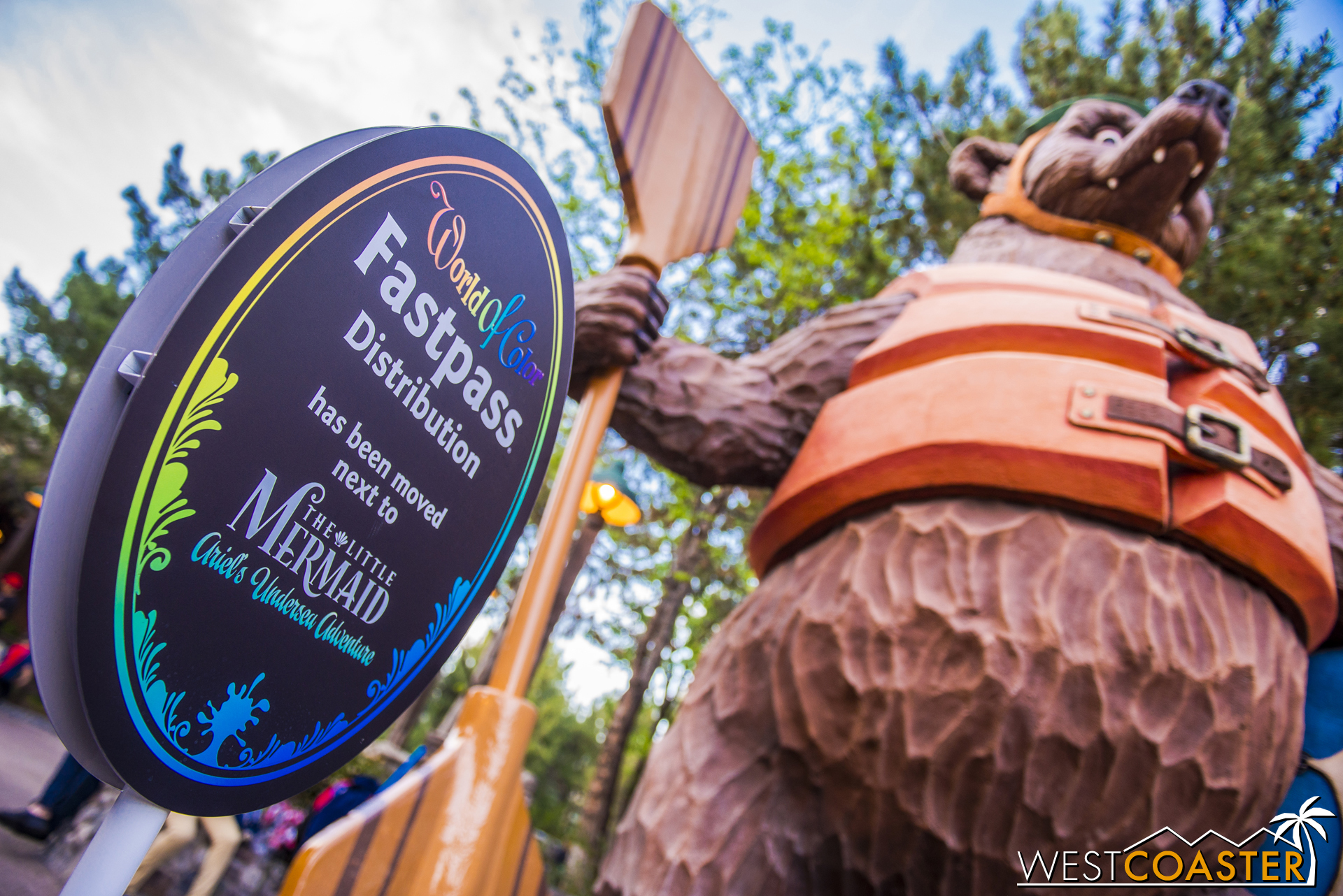 Also, FastPass distribution for World of Color has been moved away from Grizzly River Run and over to the side of The Little Mermaid: Ariel's Undersea Adventure building, facing across the Victorian San Francisco houses facades.