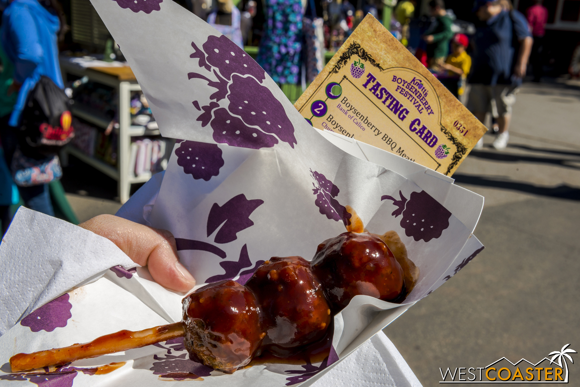  You can't go wrong with Boysenberry BBQ Meatballs.&nbsp; They're absolutely delicious, and the only shame is that they only come three to a skewer. 