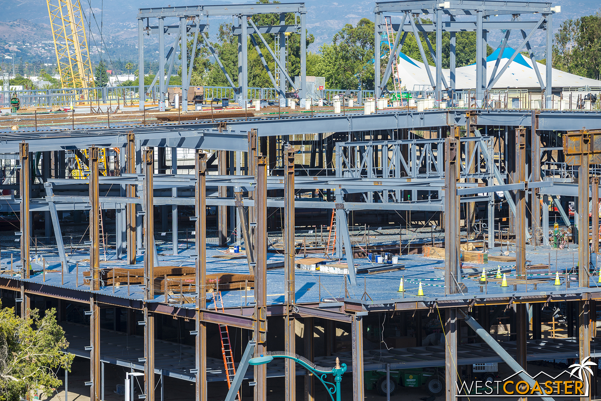  Secondary steel framing for the ride's stagecraft is also going up on both levels. 