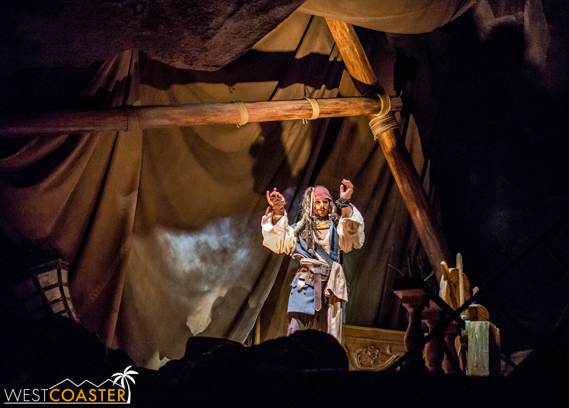 Captain Jack appears early on in the Pirates attraction.