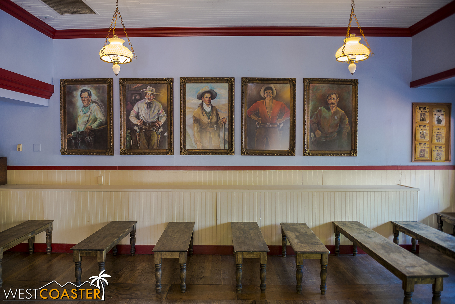  The room has been switched over from its Boysenberry Festival and has portraits of Calico's [fictitious] historical figures, including the matriarch of the Mayfield clan in the middle there. 