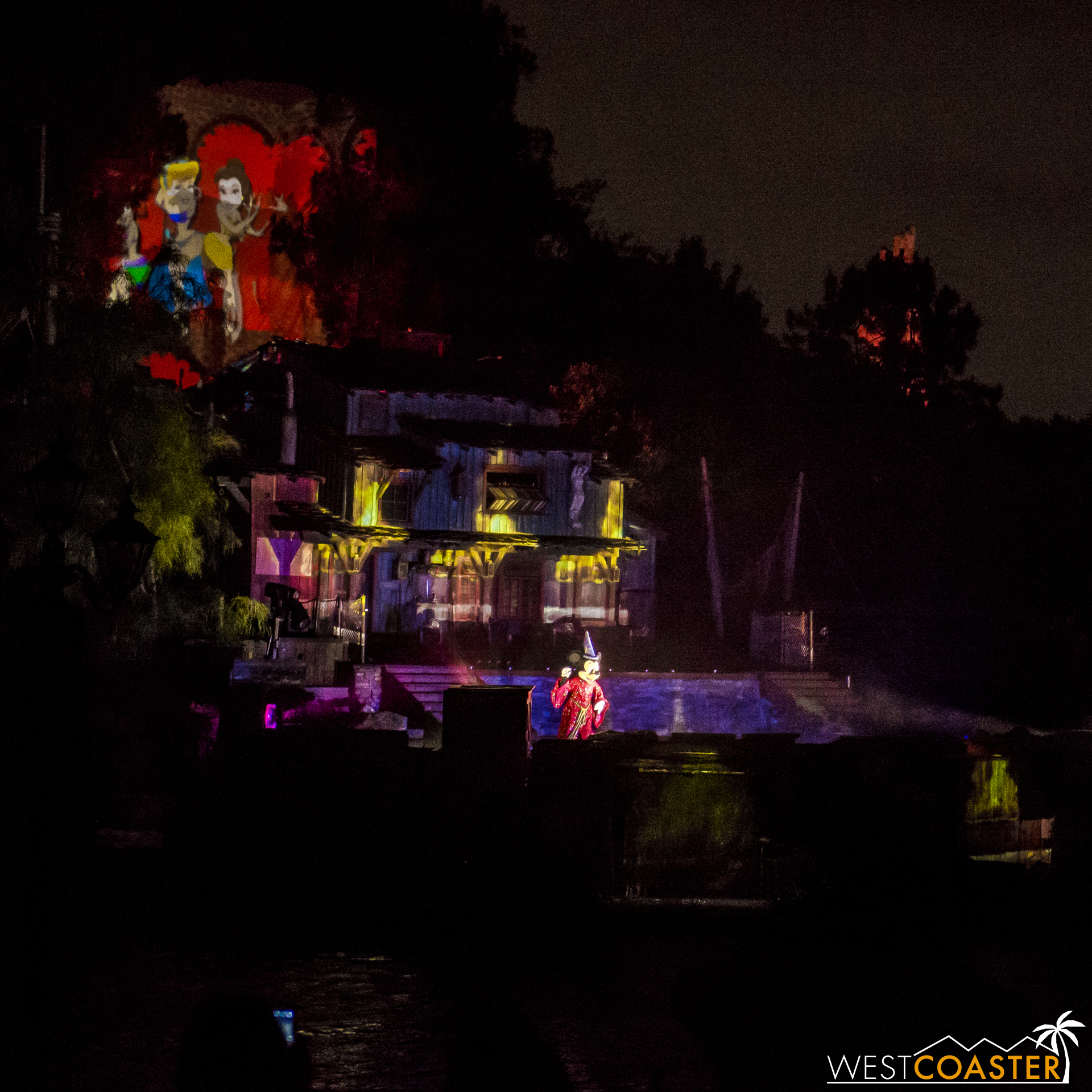  At this point, Mickey is Sorcerer Mickey--an identity he maintains for the rest of the show until the very end.&nbsp;  One might also notice the screen placed atop Lafitte's Tavern to add more canvas for the projections.&nbsp; That's another additio