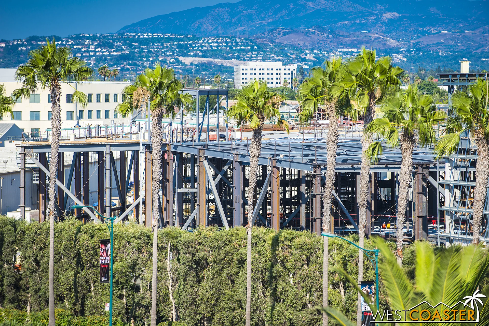 On the right half of the picture, you can see more columns and beams have gone up since last time. This should cover those two circular footprints of the Mission: Space-esque Millennium Falcon ride.