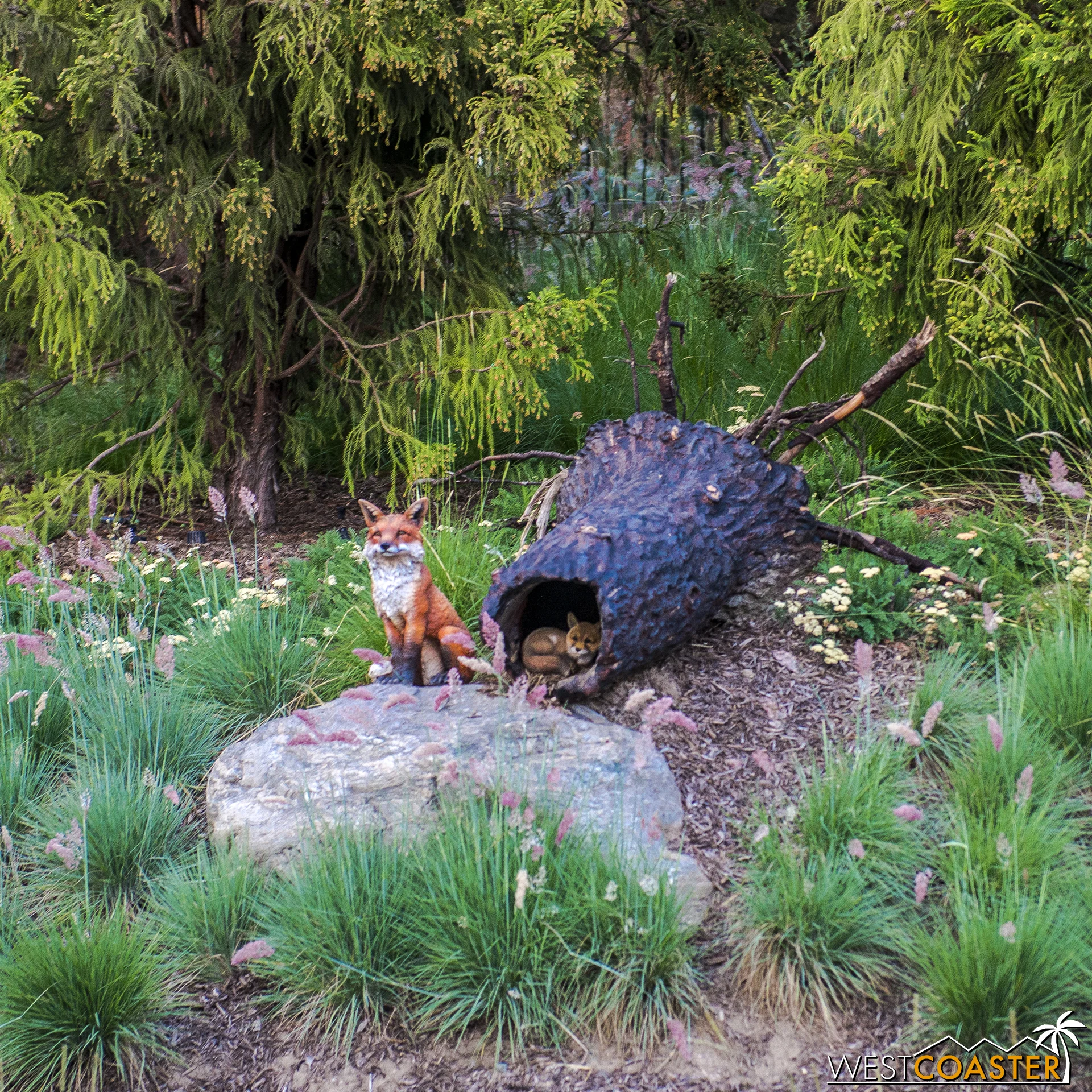 How cute! A little fox and a baby inside a fallen and hollowed out tree trunk!