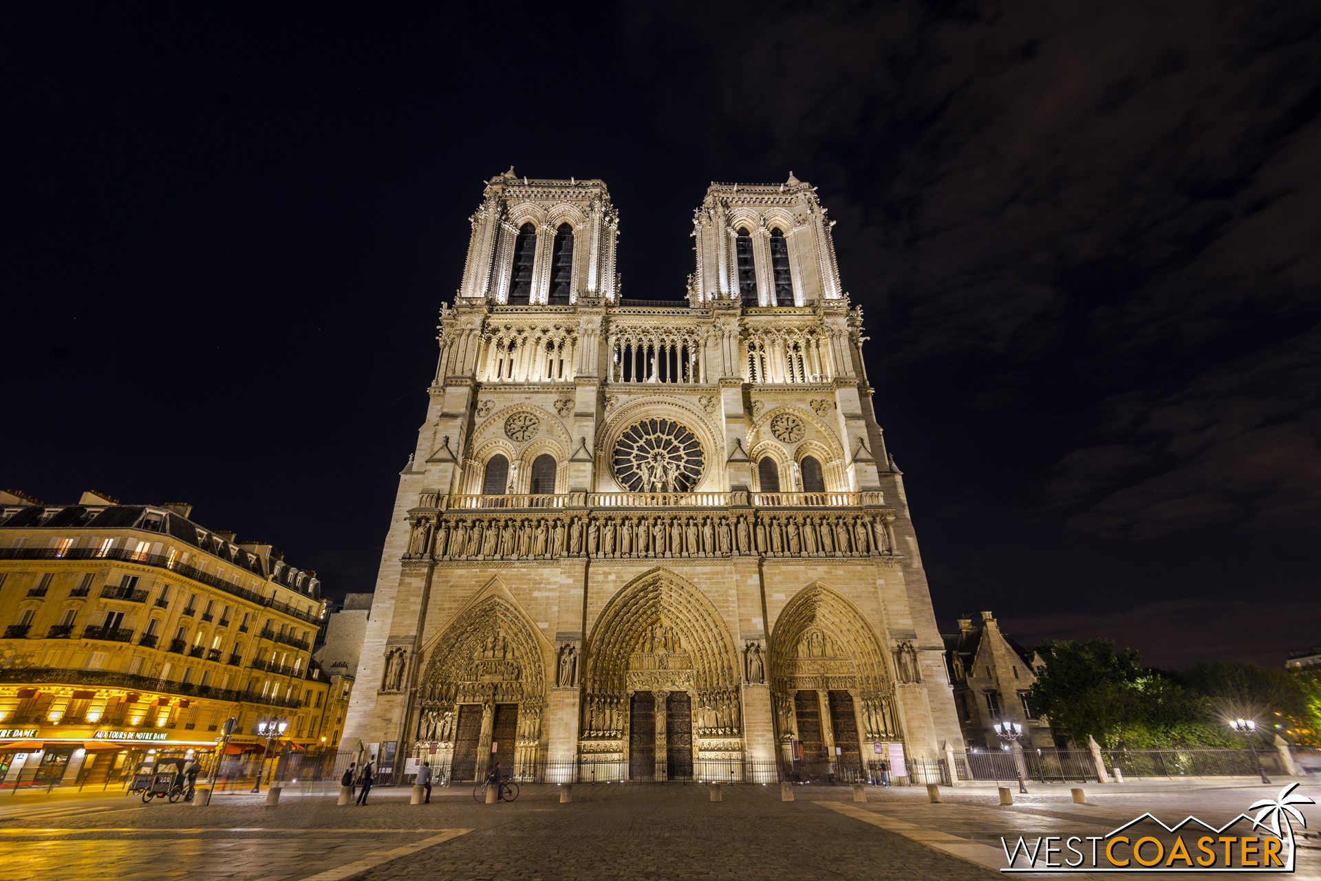 The Cathedral of Notre-Dame in Paris is less packed at night, especially since it is closed, but people still gather around the plaza in front of this icon all throughout the evening.