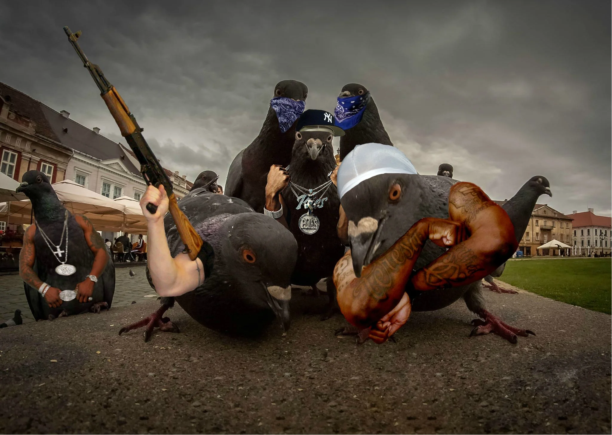 Pigeon (front right) on the cover of his squad's debut rap album... 