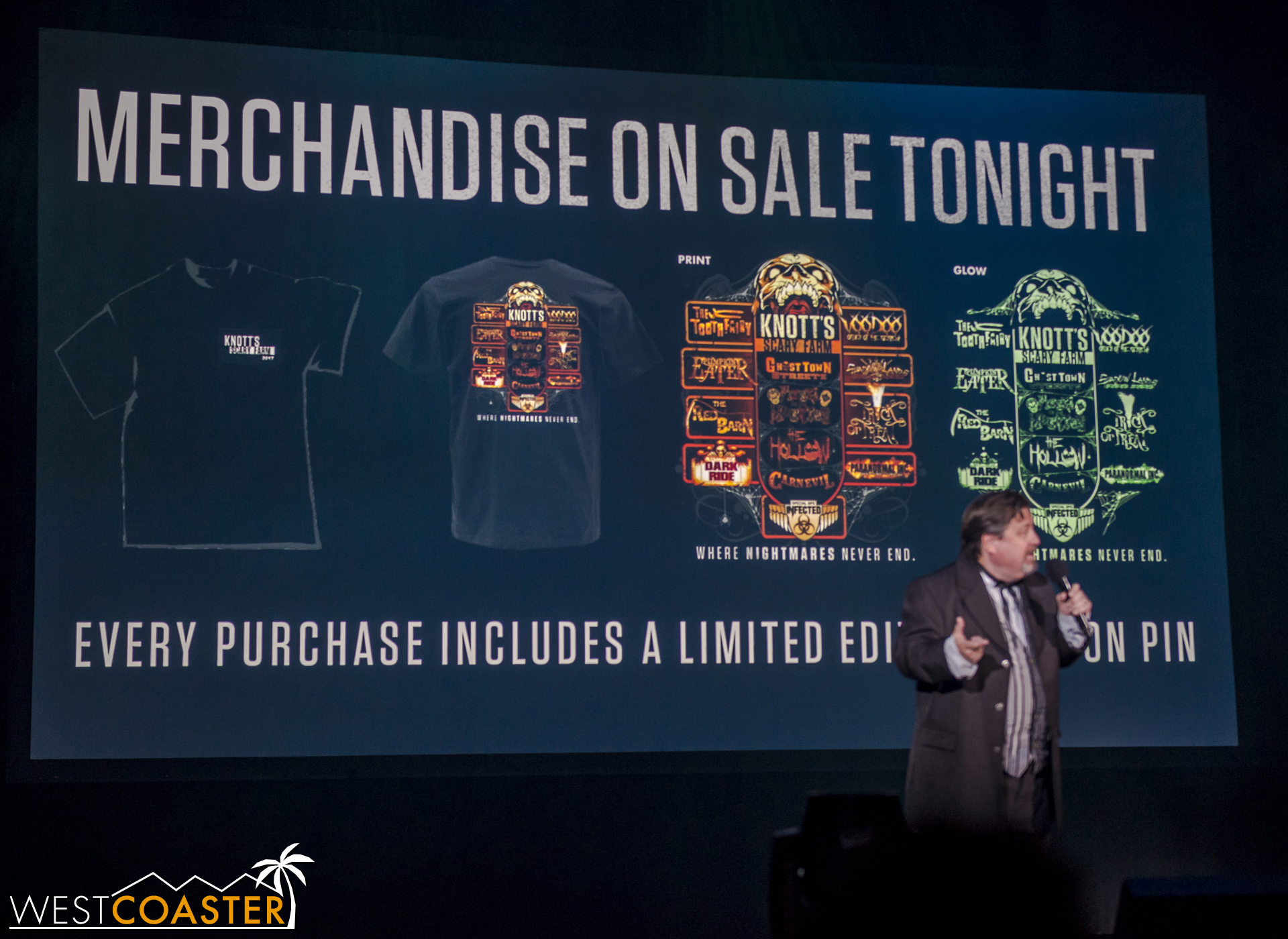  And this was the point where the highlight of the night was spoiled, as the merchandise announcement also revealed the names of the two new mazes previously unannounced--Pumpkin Eater and Dark Ride.&nbsp; This year's shirt, with its glow-in-the-dark