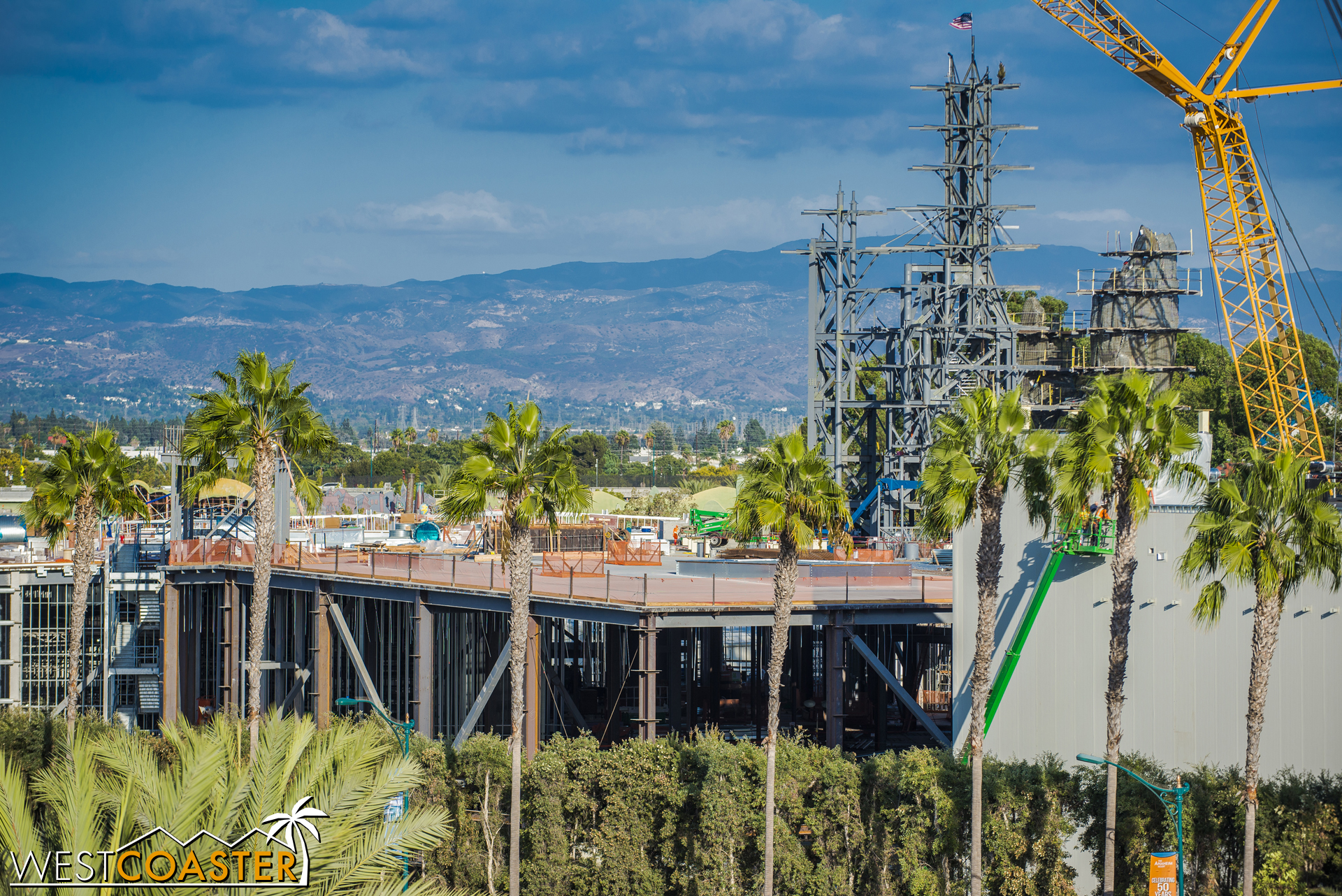  The Millennium Falcon building has been humming along too. &nbsp;It's much harder to see it, since the angle is oblique, but just the density of what's inside shows they've been putting up walls and steel. 