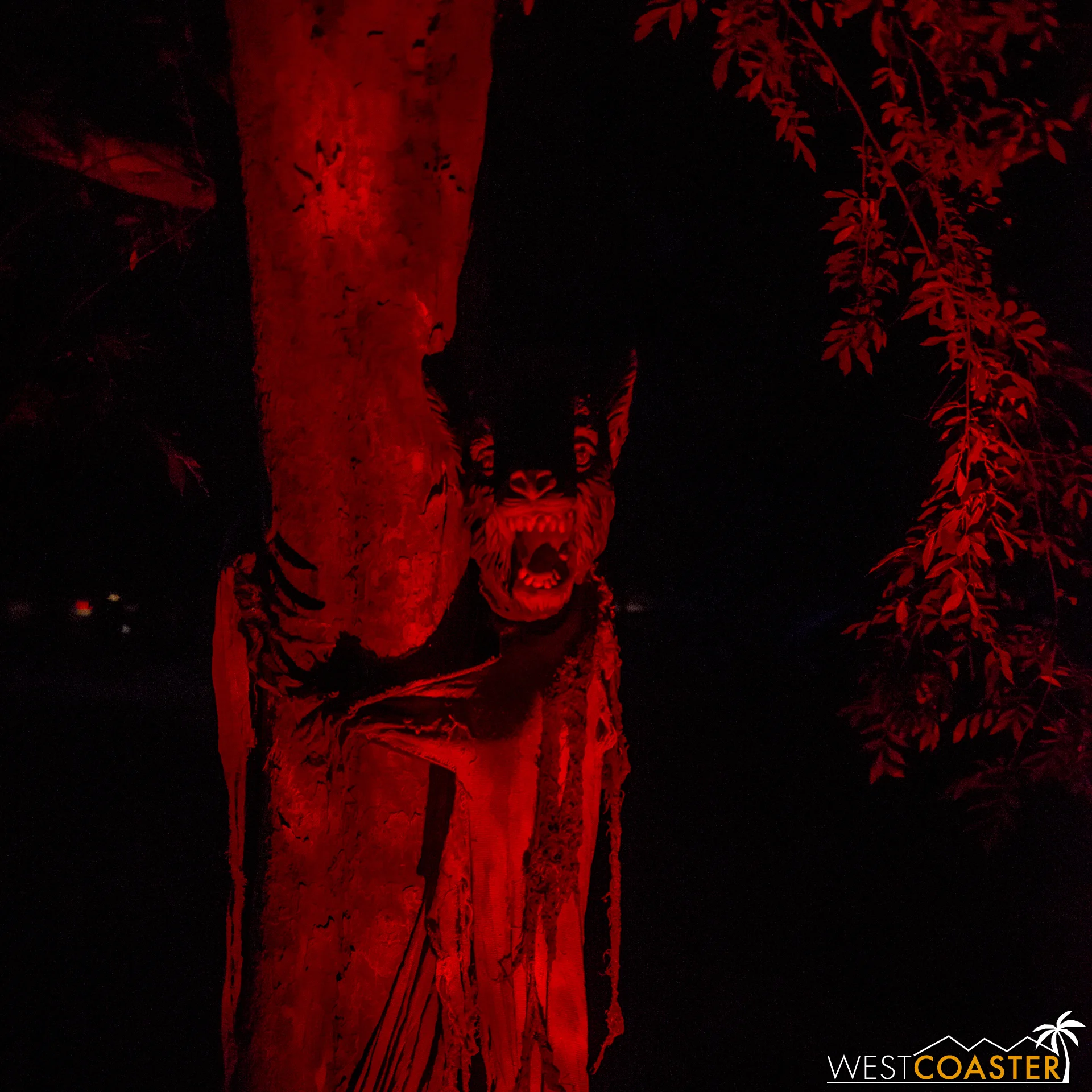 A werewolf peeks behind a tree, eyeing the meal.