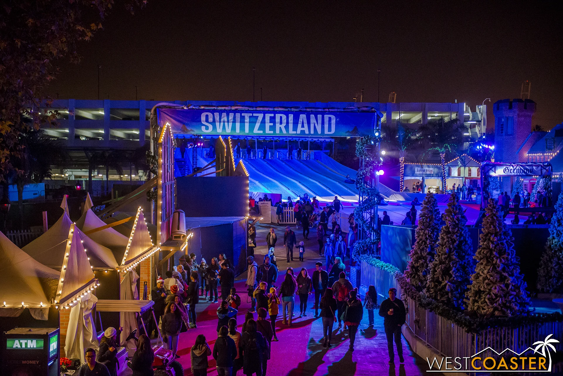 This sign is a bit misleading, since the photo is taken from within the Switzerland area already, but the Christmas village feel of this year's Chill is more immersive than last.