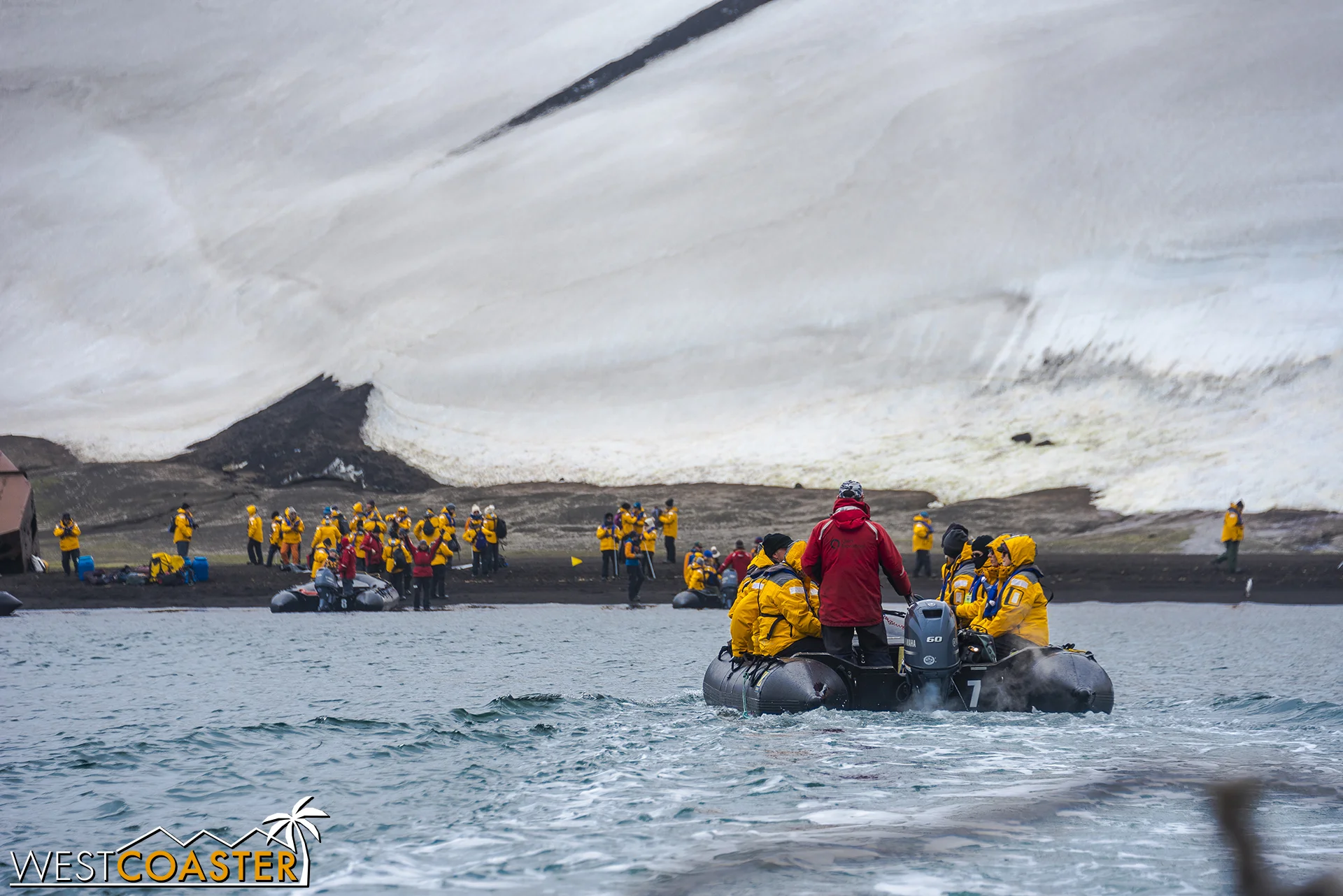 Heading to shore for the first time on the Zodiacs!