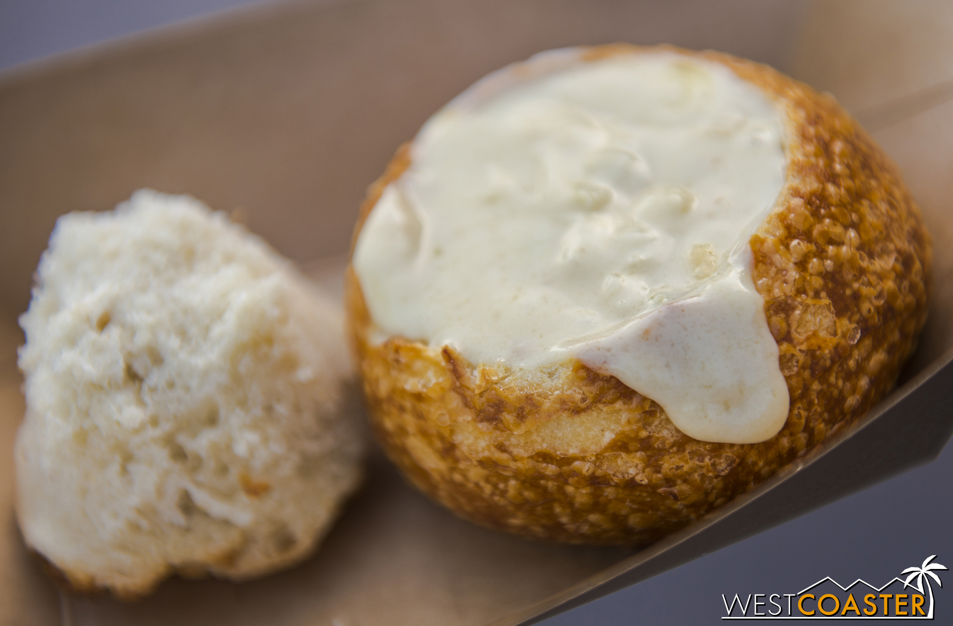  White Cheddar Lager Soup served in a Mini Boudin Sourdough™ Boule @ California Craft Brews  CHOUP!!!&nbsp; Well, not exactly the original, but as close as you'll get.&nbsp; Always a favorite at Food &amp; Wine! 