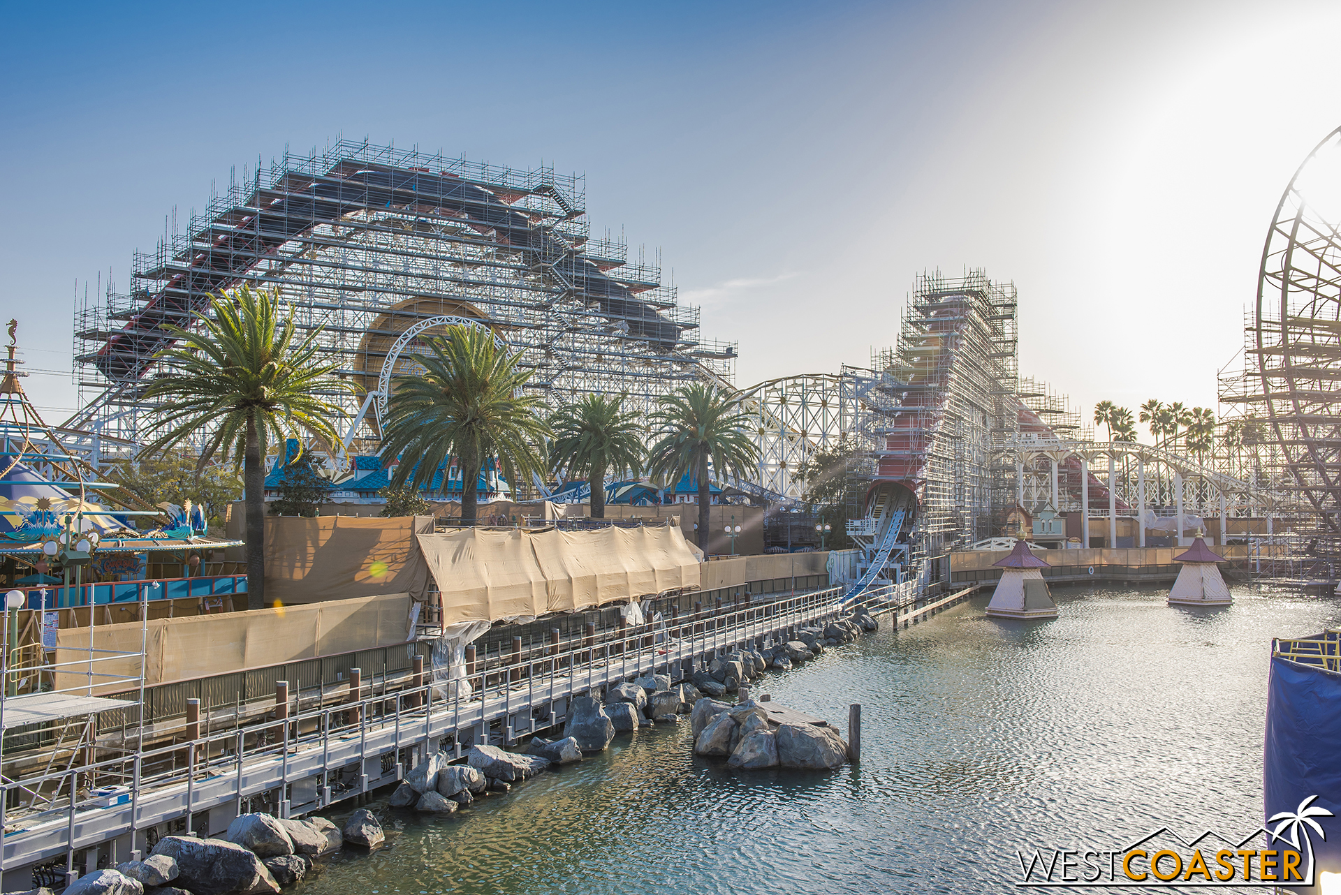 The stands alongside the water have been covered up for their transformation into their new Pixar-themed identiies. 