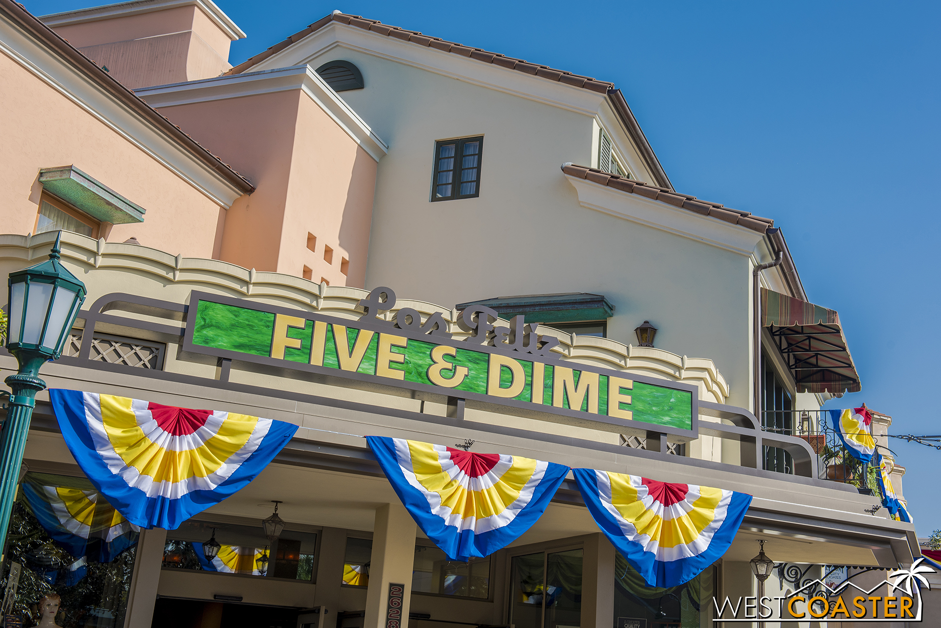  Red, yellow, (white) and blue bunting is everywhere in Buena Vista Street. 