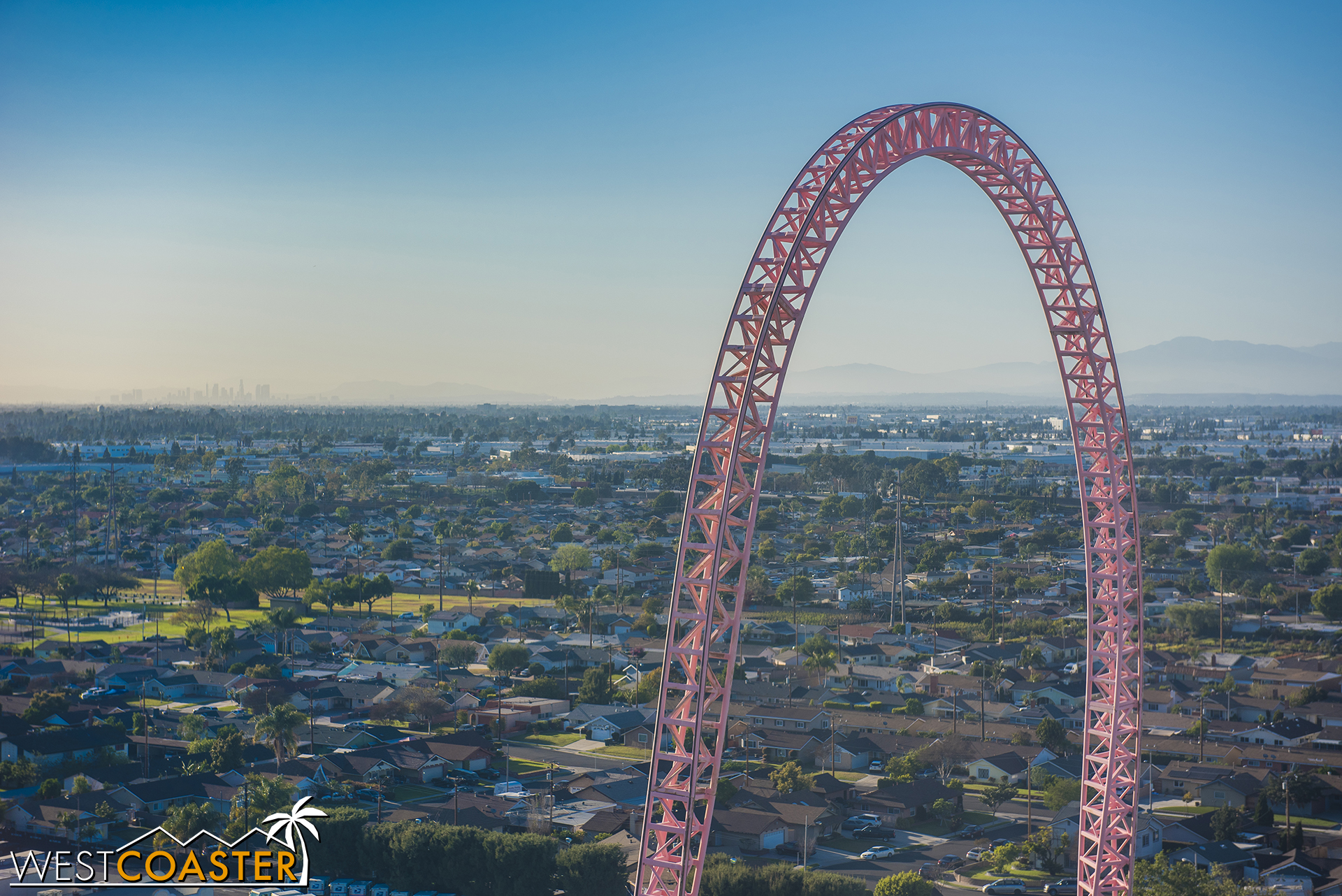  On a clear day, you can see to Downtown L.A.!  This… is still smoggy, but you can see the skyline behind Xcelerator! 