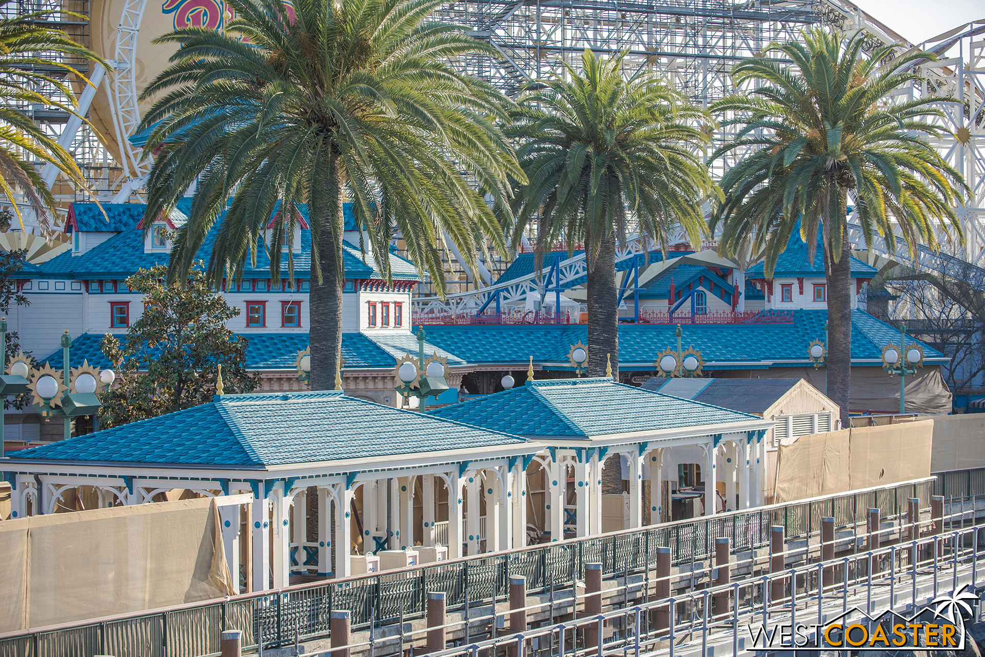 Shade canopies are done and match the color scheme of the Toy Story Midway Mania building.