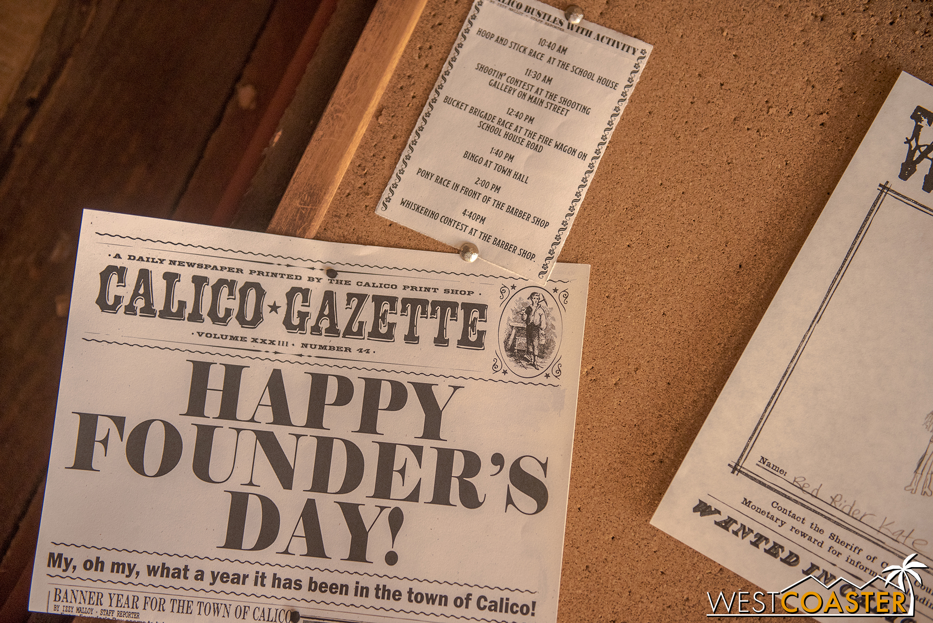  Issues from the fictitious  Calico Gazette  provide updates to the storylines of the day.  There are several published within the course of a single day, and guests may even find their names within the paper! 