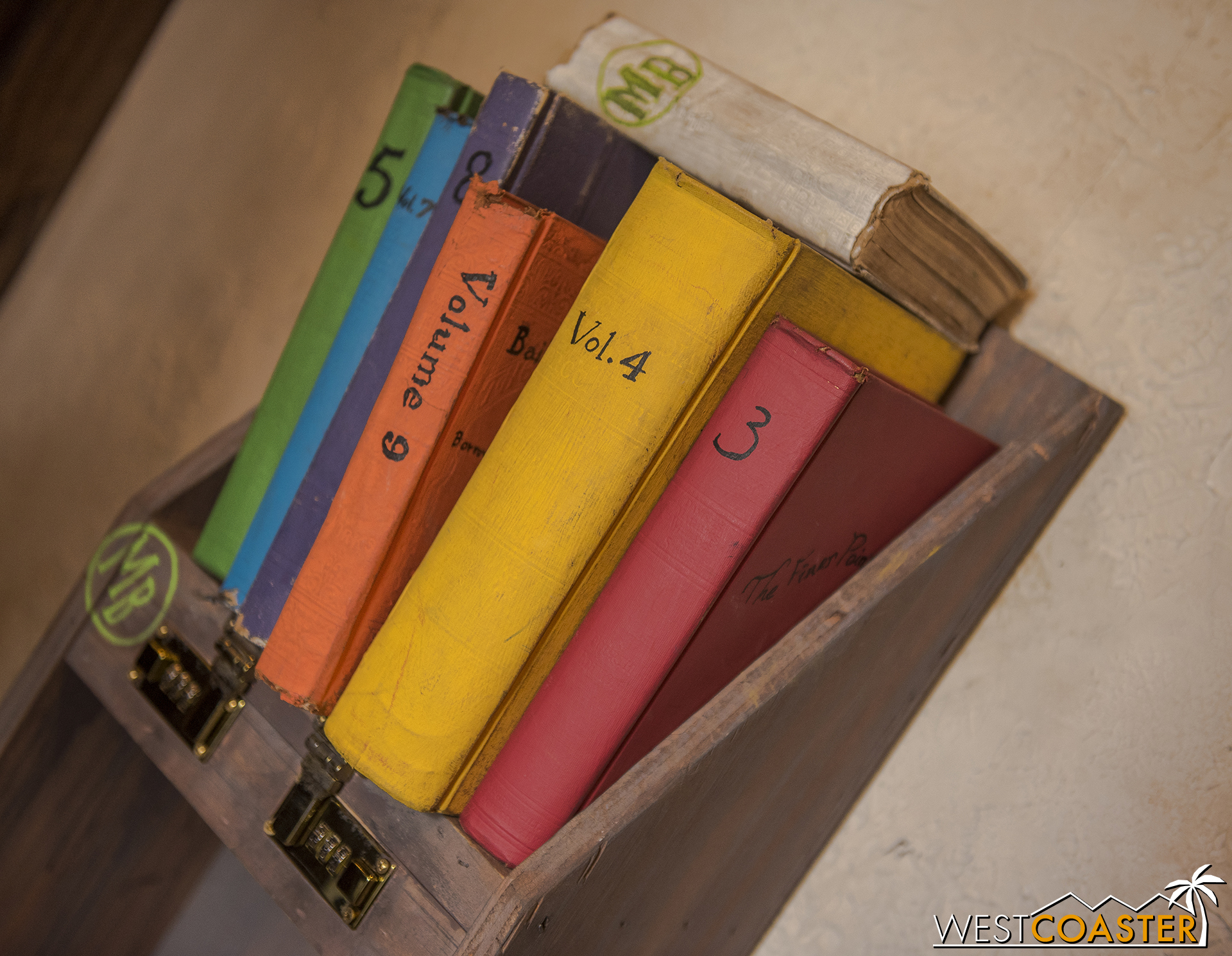 Some locations, like the bank, have color coded books and a combination lock in a hidden shelf below.