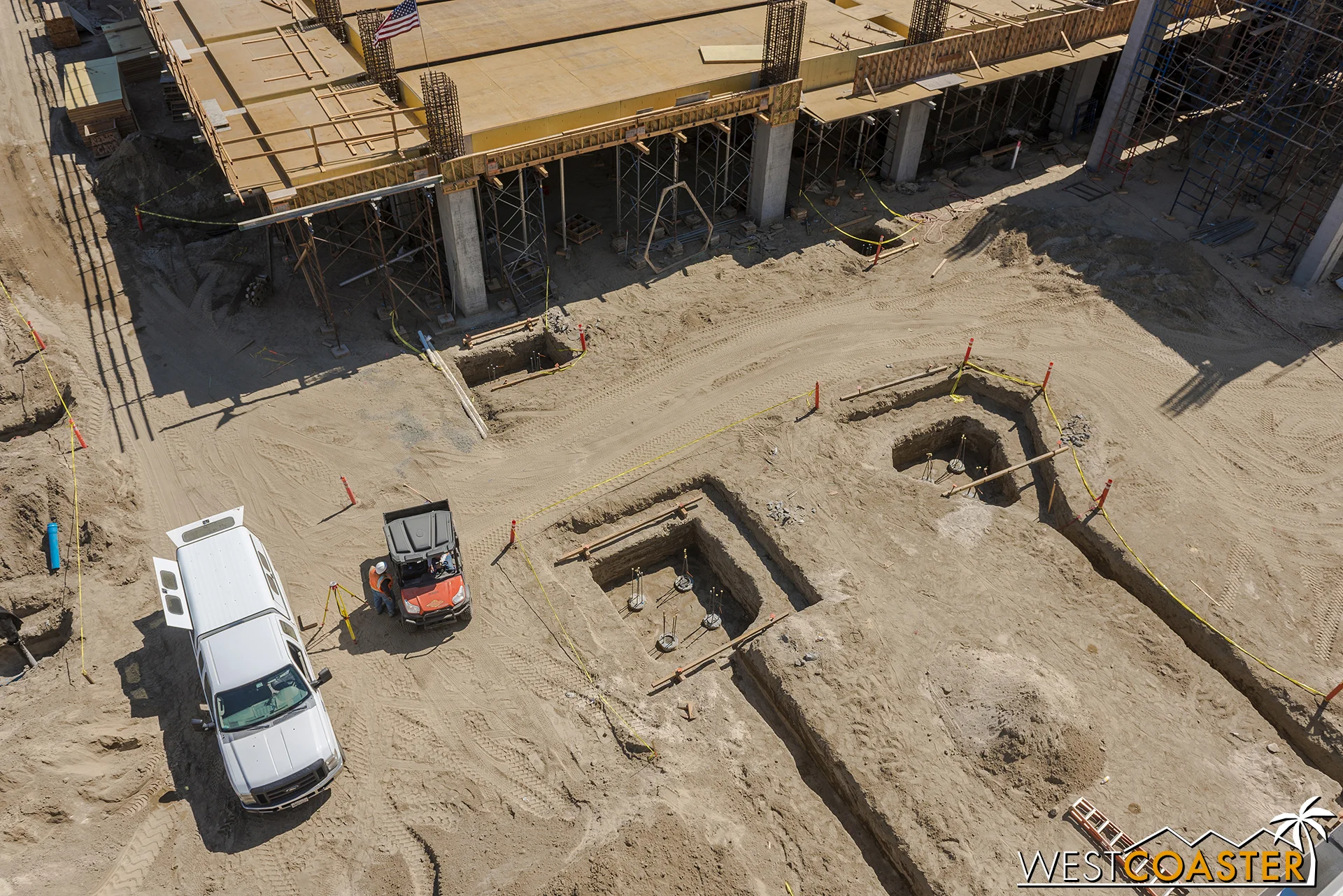Some trenches are being dug for new footings to occur here. Probably for the vehicular landing of the last ramp up to the second level.