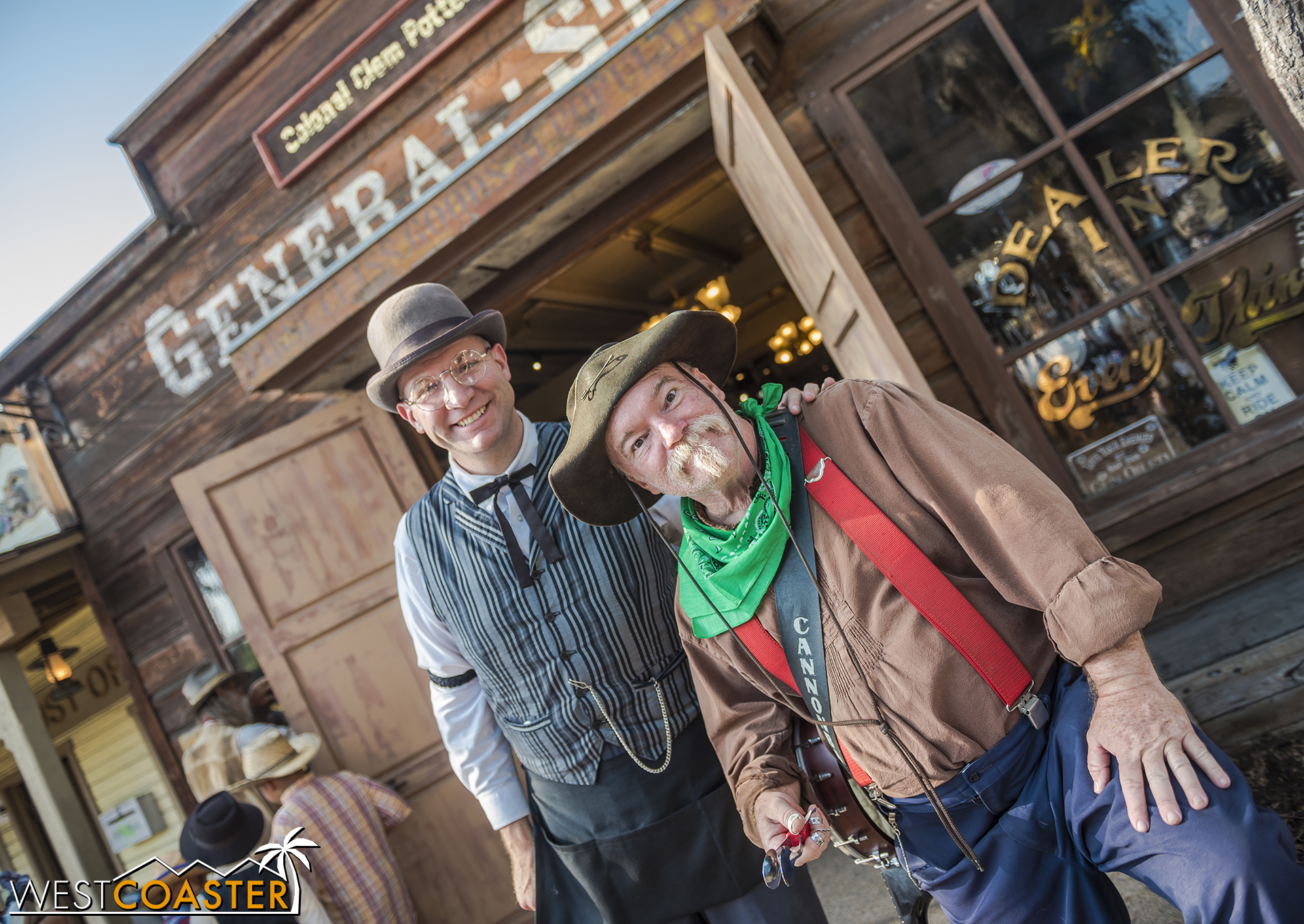  Colonel Clem Potter, purveyor of the General Store, and Calico musician “Cannonball” pose in front of said General Store. 