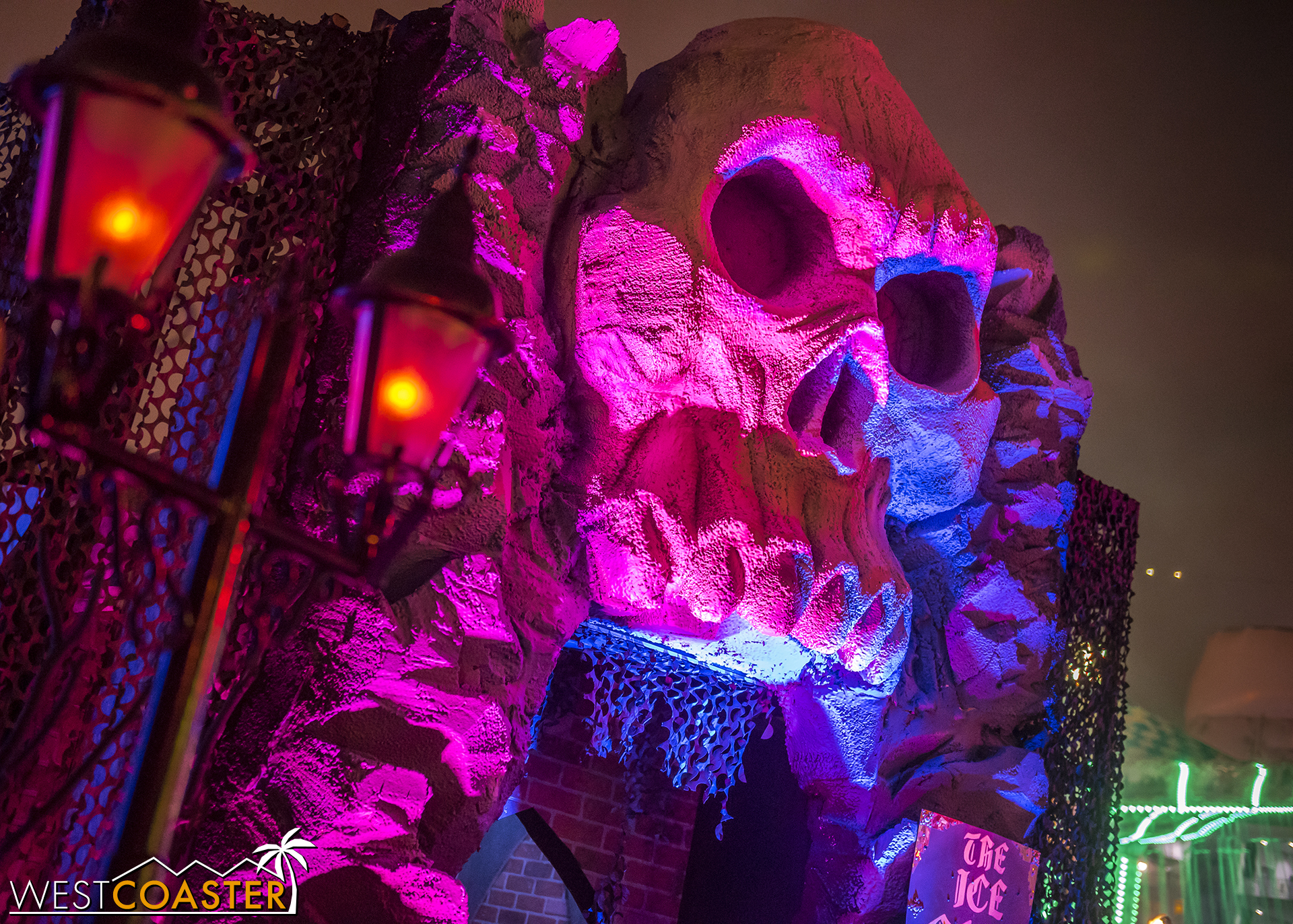  This magenta skull marks the Ice Cave ice bar. 
