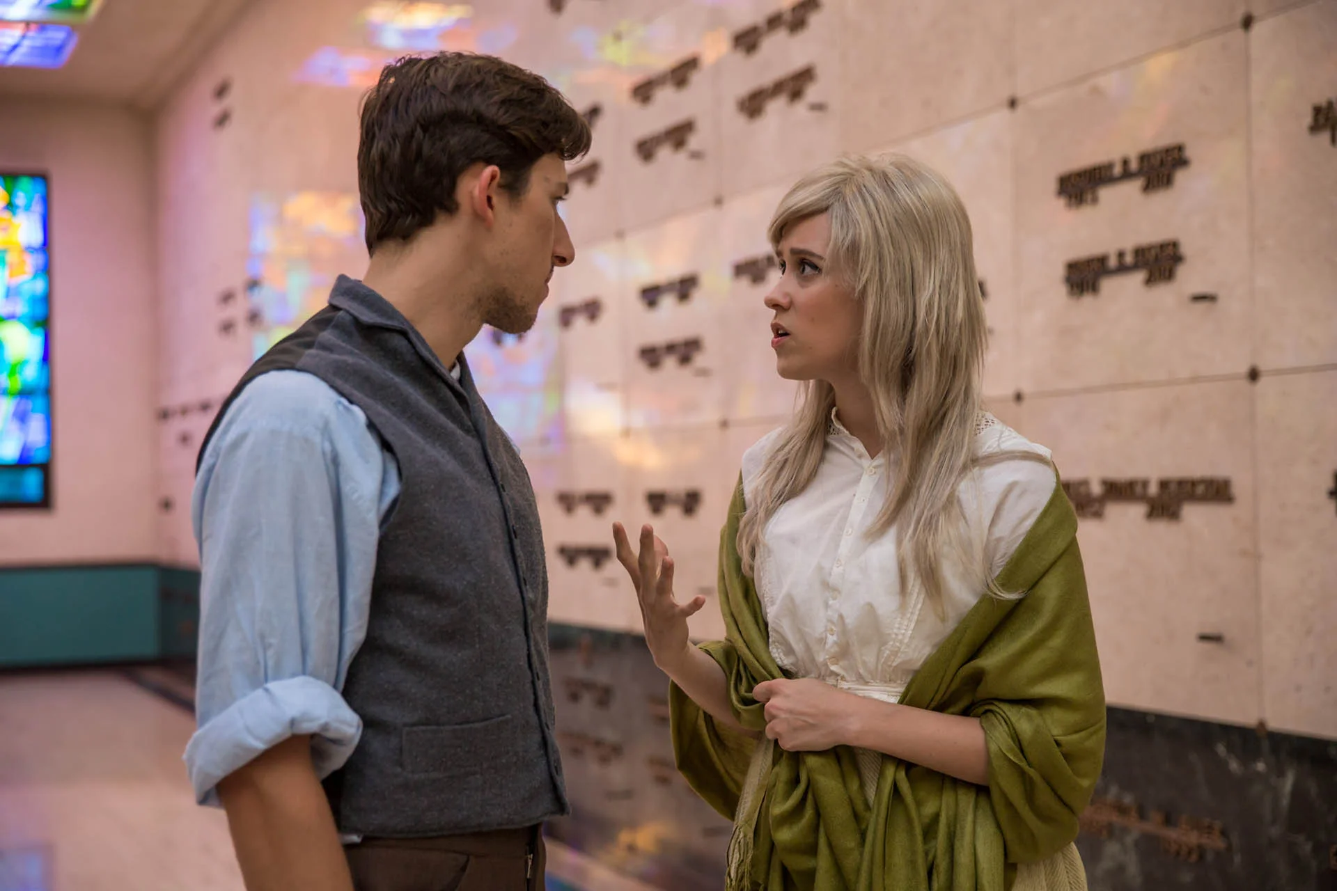 Flynn Platt’s Teig and Kelley Pierre’s Mary converse in The Corpse. Photo by Daniel Kitayama and courtesy of Unbound Productions.