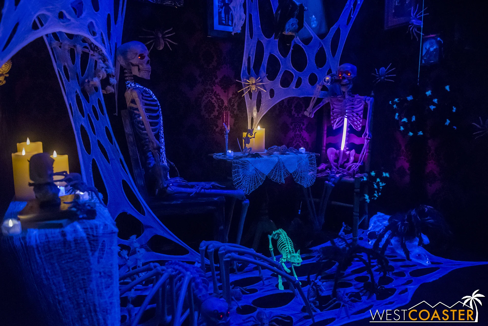 In the garage, a skeleton scene is full of whimsy and detail.